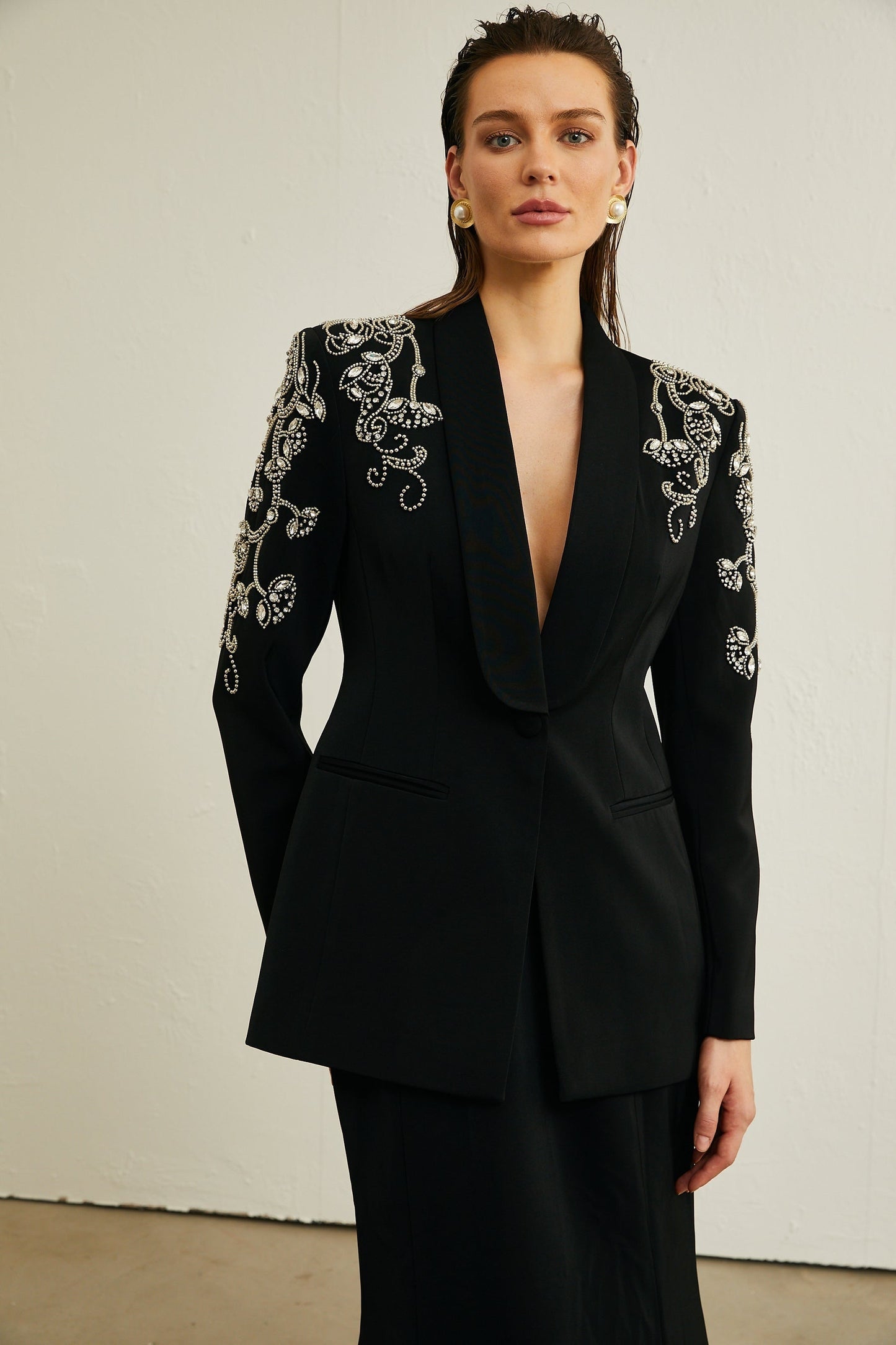 Morgane black embellished jacket skirt matching set