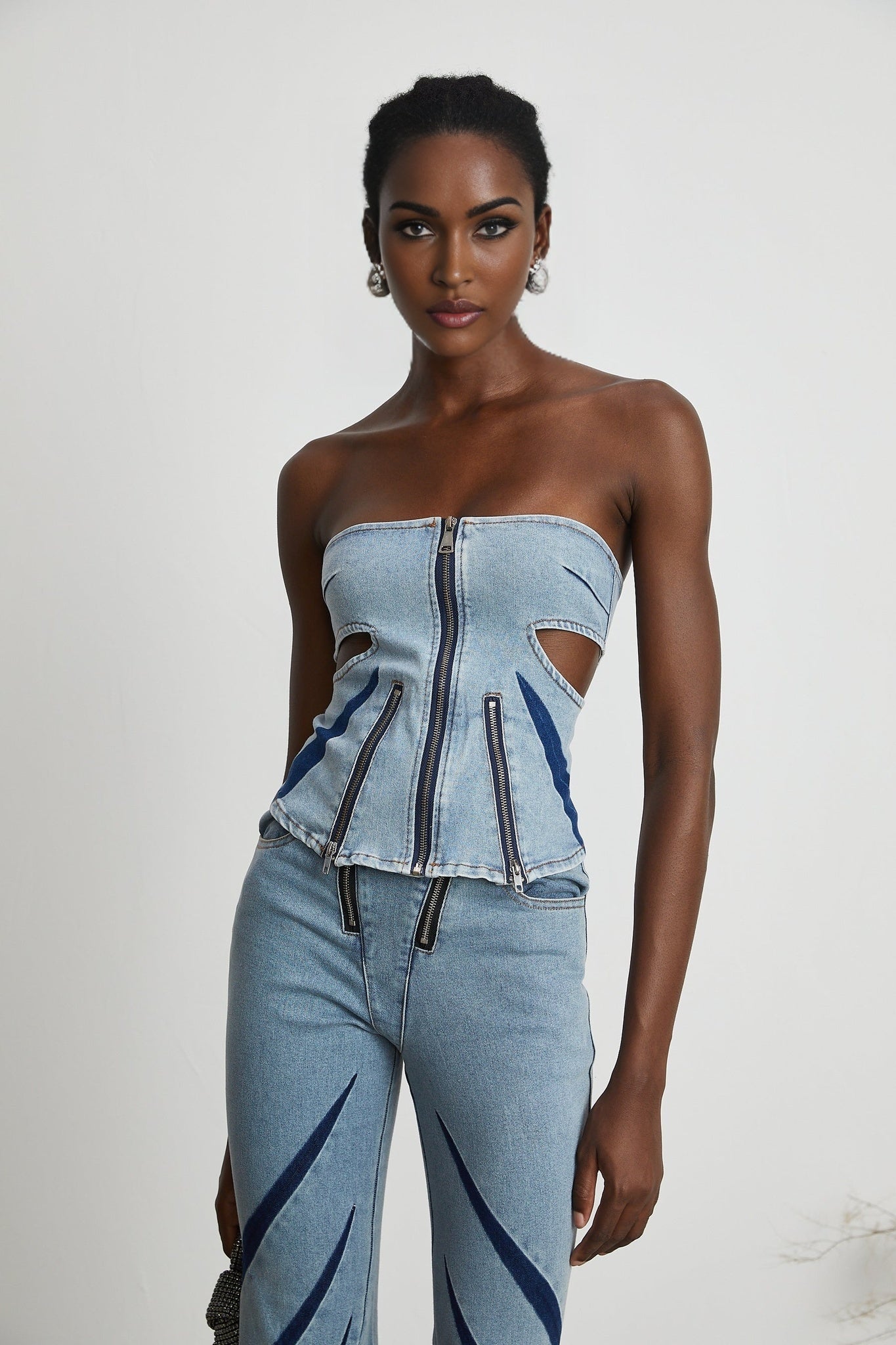 Inès colorblocked denim top jeans matching set