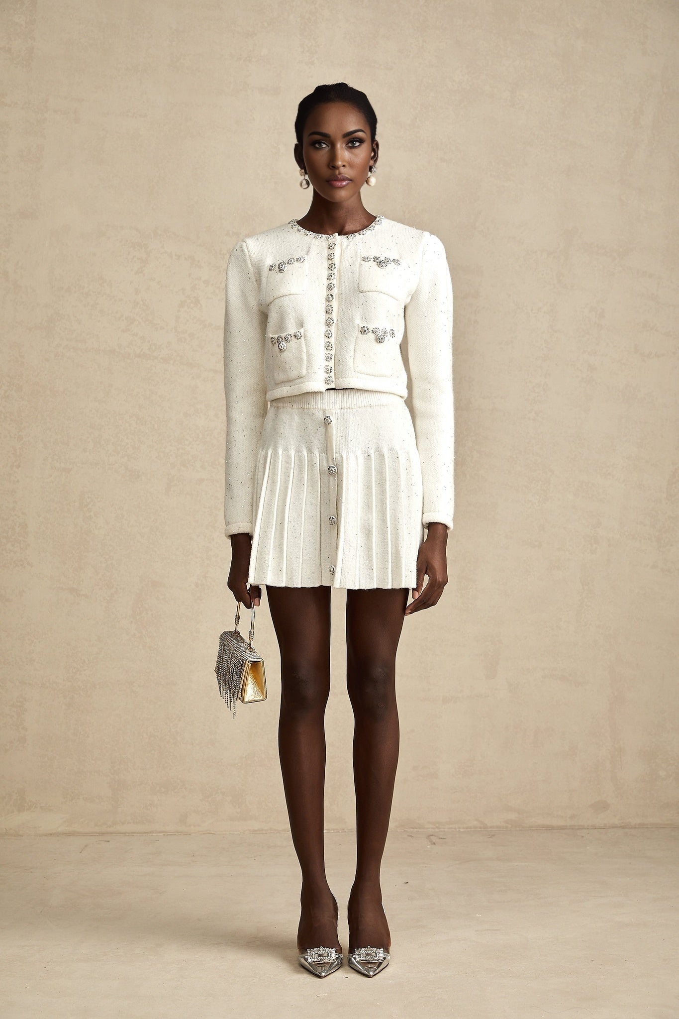 Fabienne white embellished jacket skirt matching set