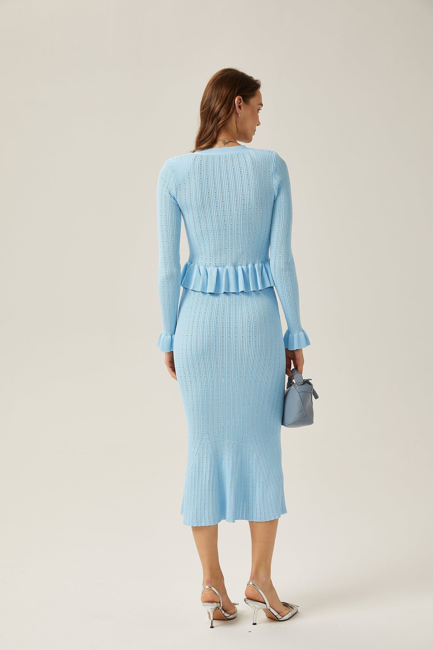 Gabrielle blue flared knitted top skirt matching set