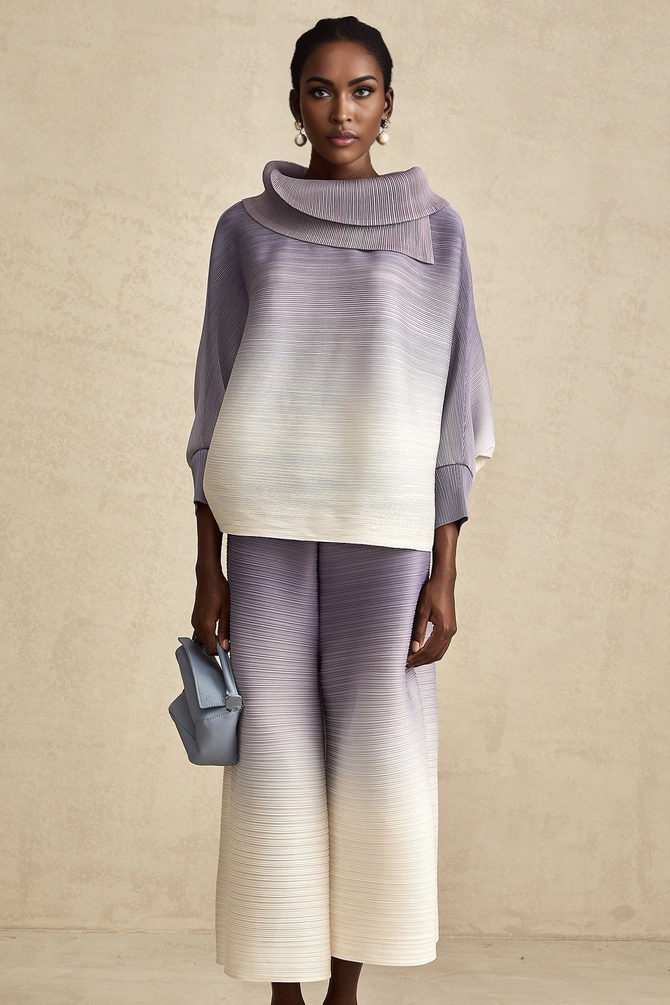 Agathe purple gradient wrinkled blouse trousers matching set