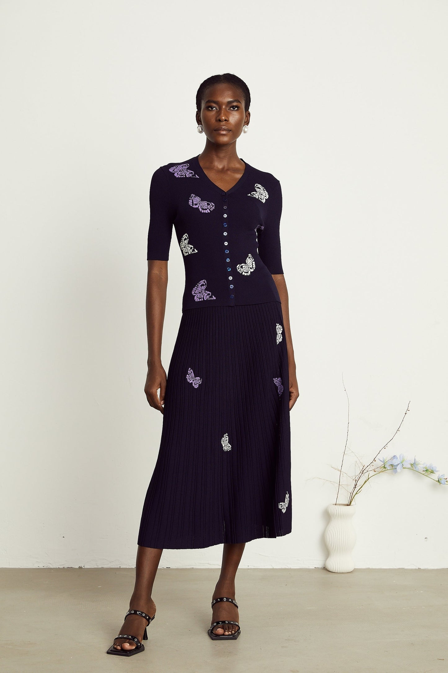 Delphine butterfly ribbedknit top skirt matching set