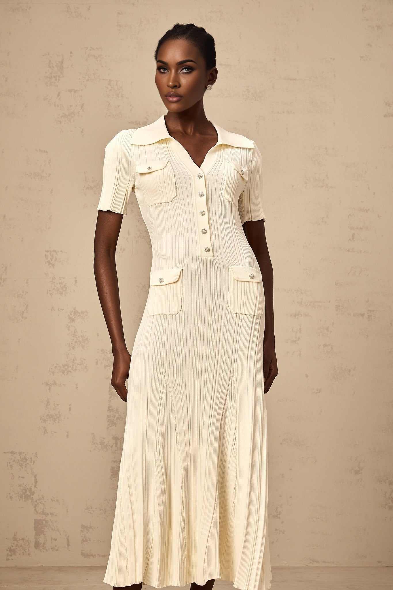 Woman wearing a neutralcolored ribbed knit midi dress with long sleeves and a formfitting silhouette