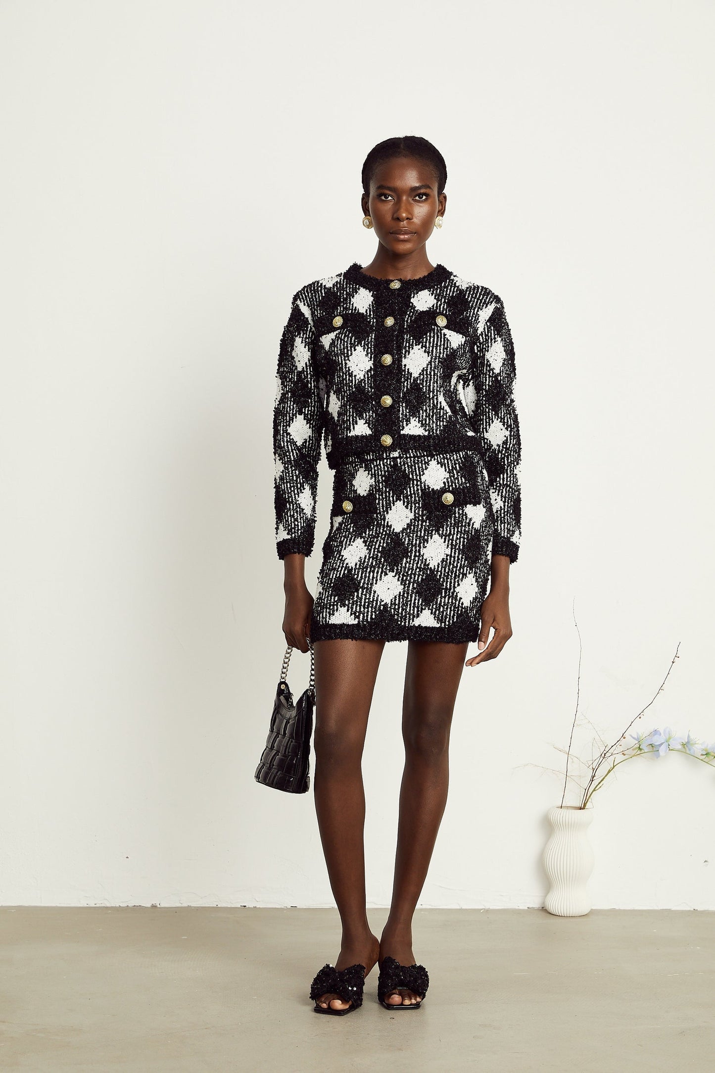 Cécile black argylecheck knit jacket skirt matching set