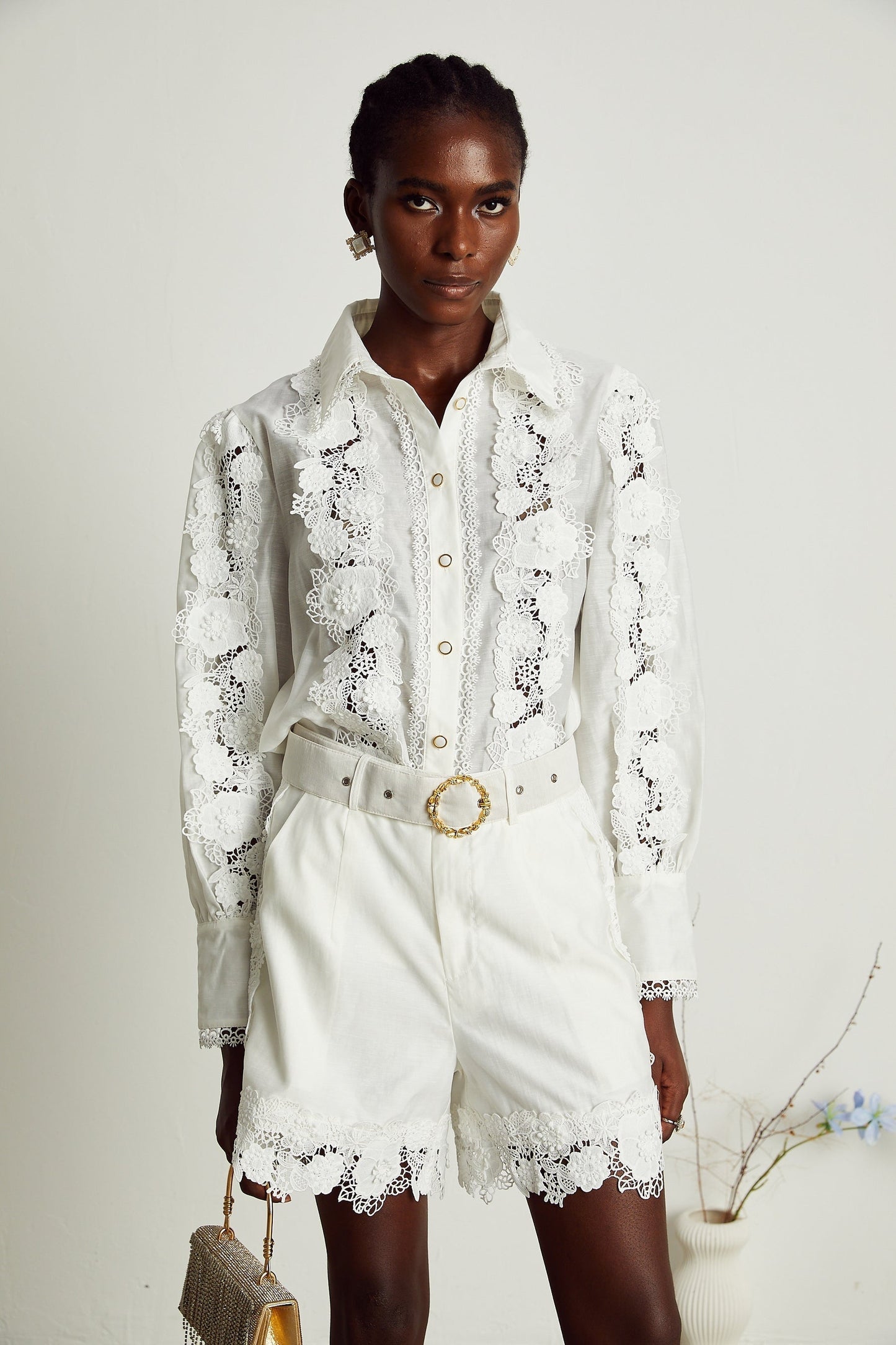 Rosalie lacetrim embroidered shirt shorts matching set