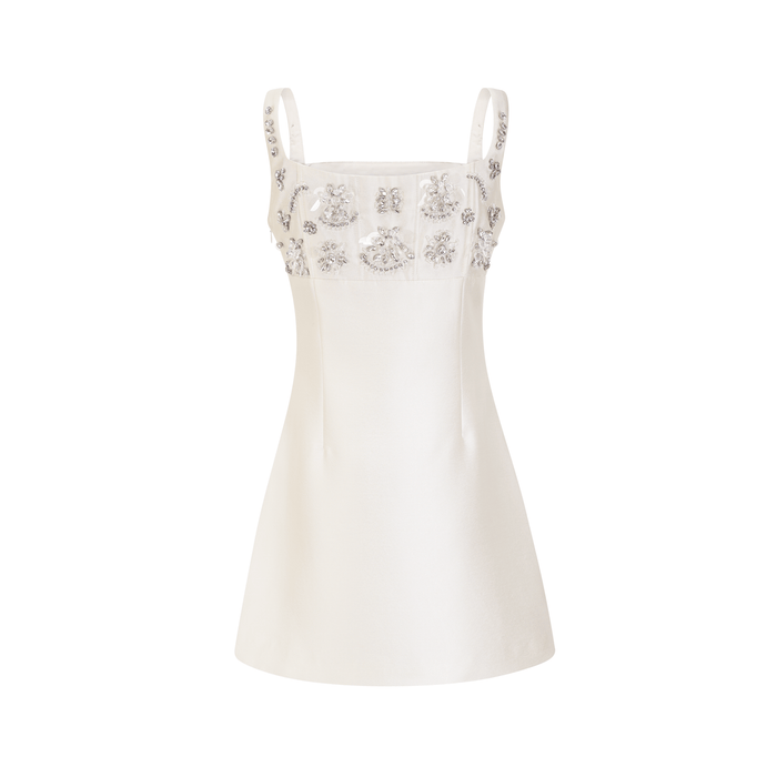 Maisie Mini Kleid Weiß Kristallverziertes Quadratischer Ausschnitt Glitzer