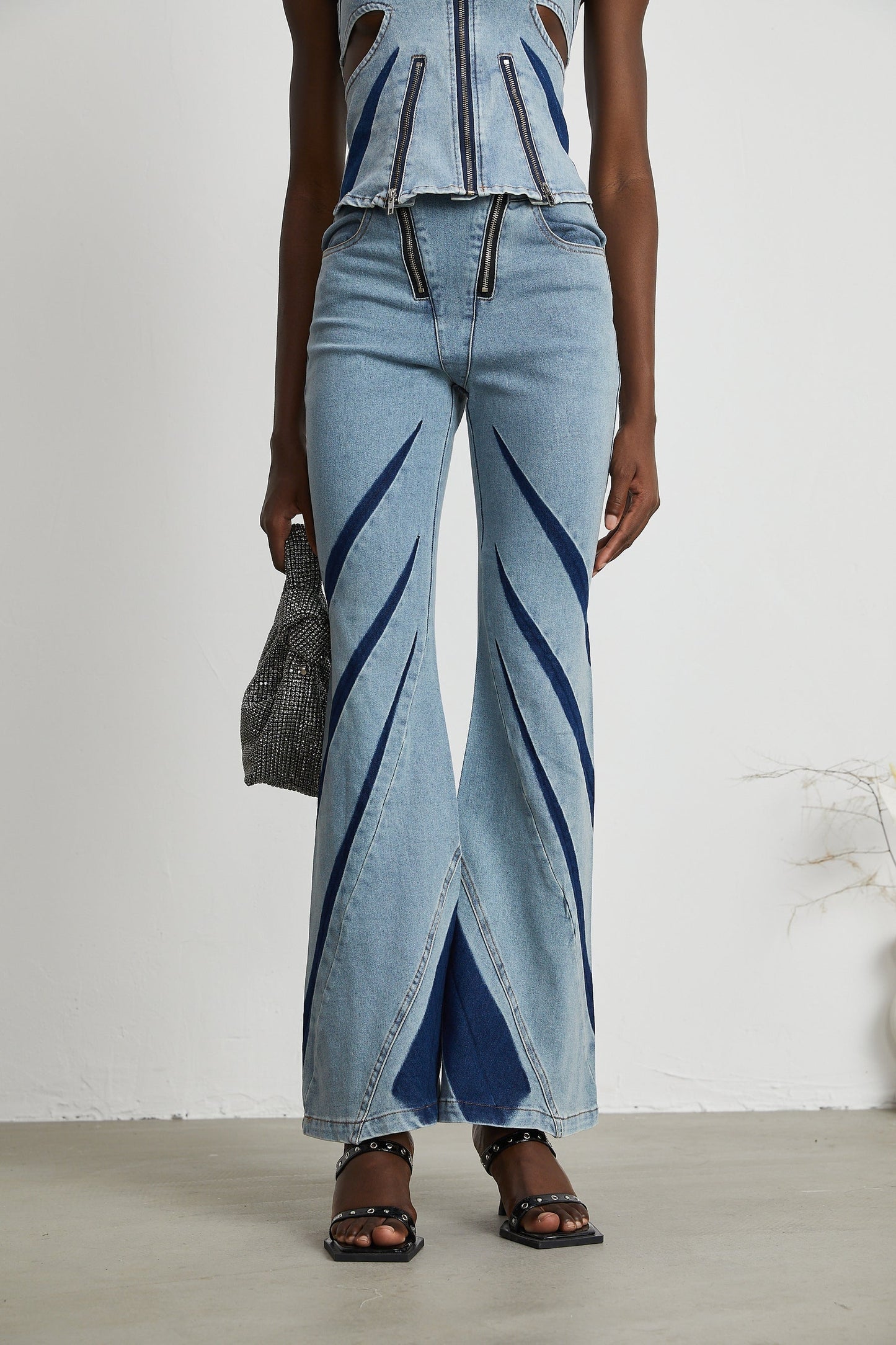 Inès colorblocked denim top jeans matching set