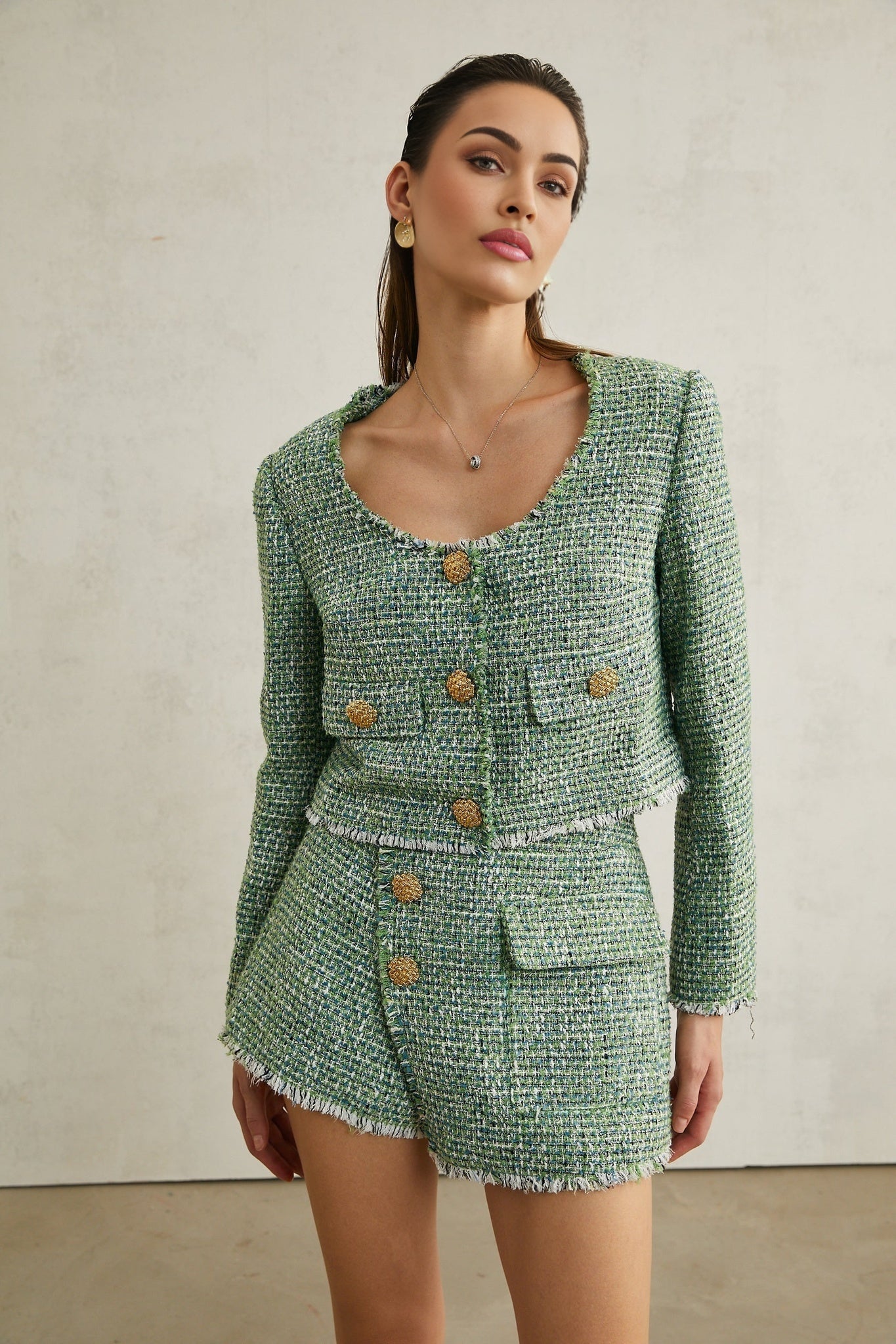 Alyss green tweed jacket shorts matching set