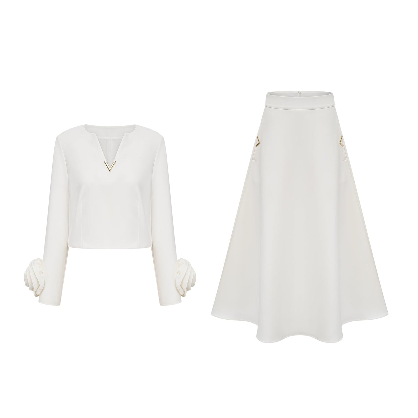 Hilaire white 3dpetal top skirt matching set