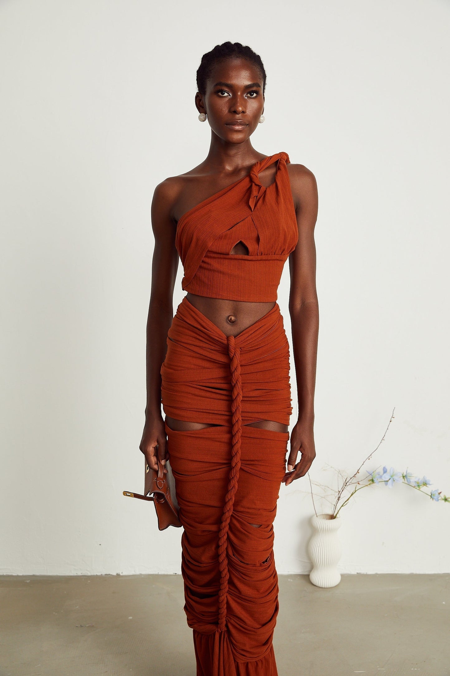 Célestine brown twisted cutout top skirt matching set