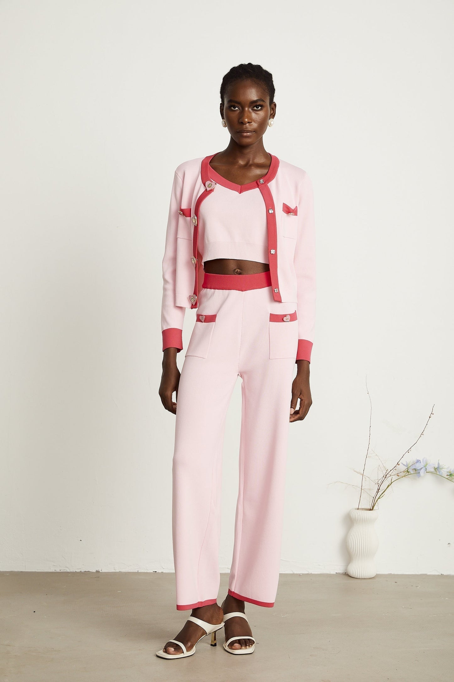 Ariane pink knitted cardigan vest top trousers matching set