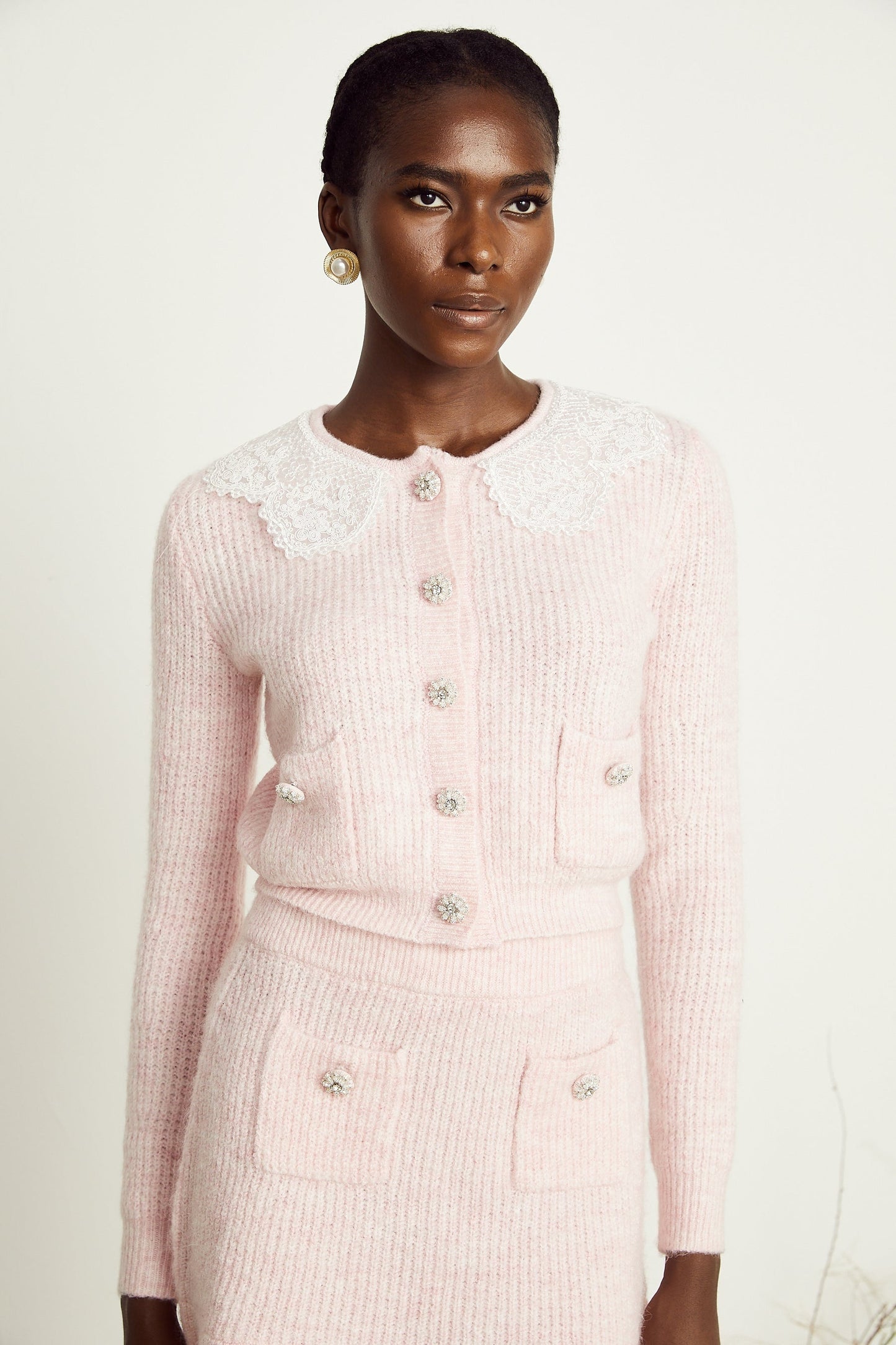 Anaïs pink ribbedknit cardigan skirt matching set
