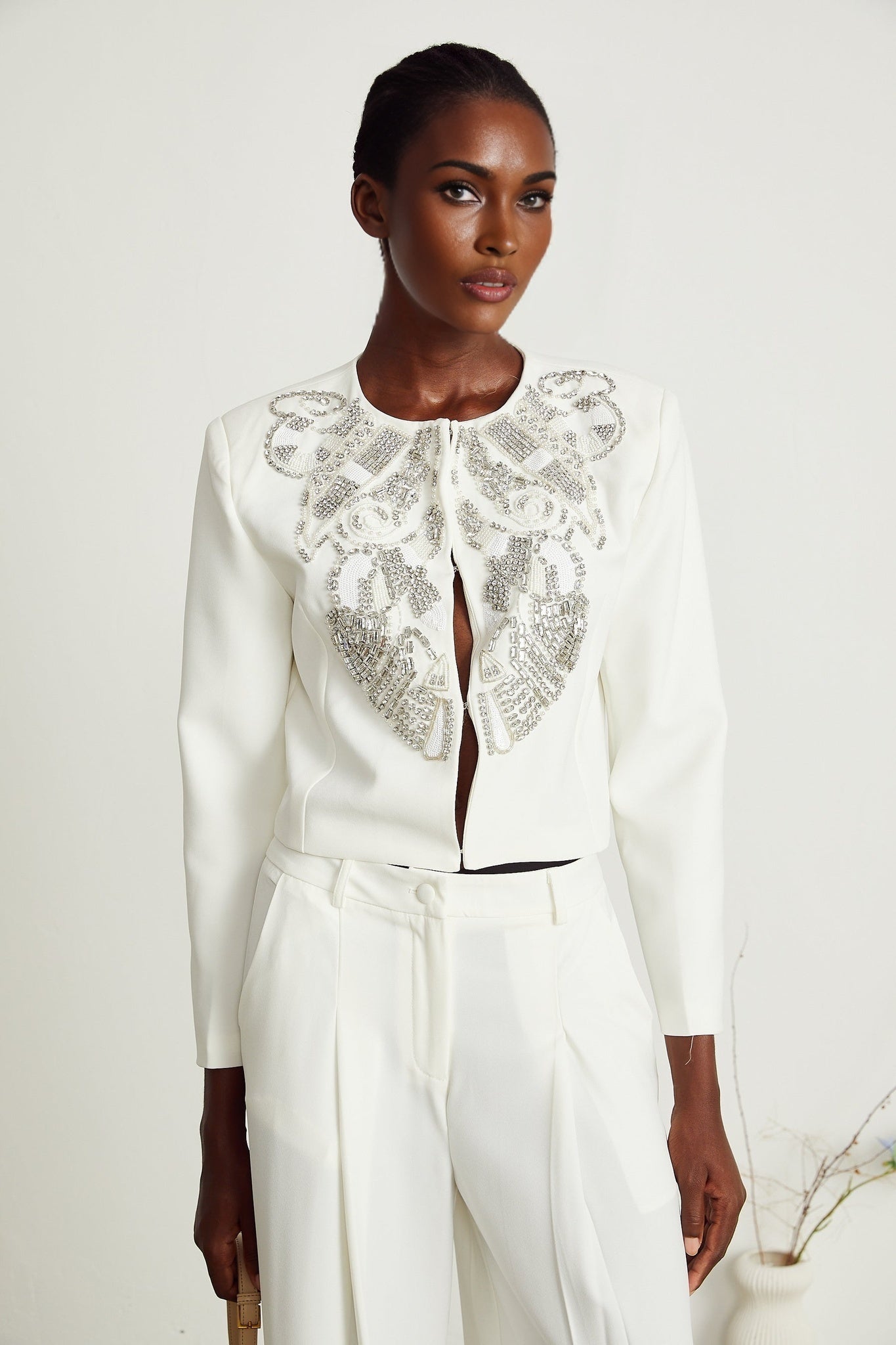 Agnès white embellished jacket trousers matching set