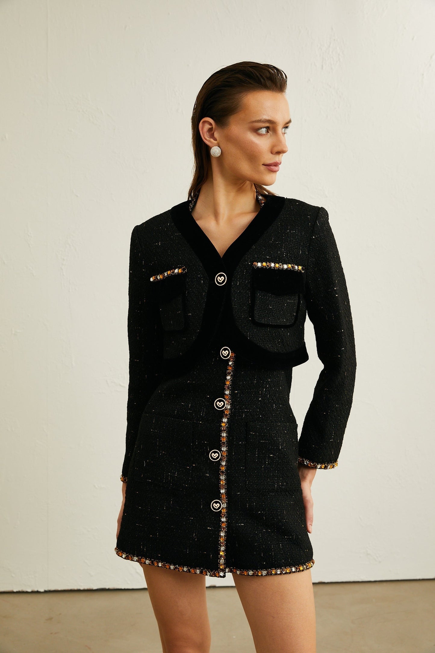 Cécile black tweed cardigan dress matching set