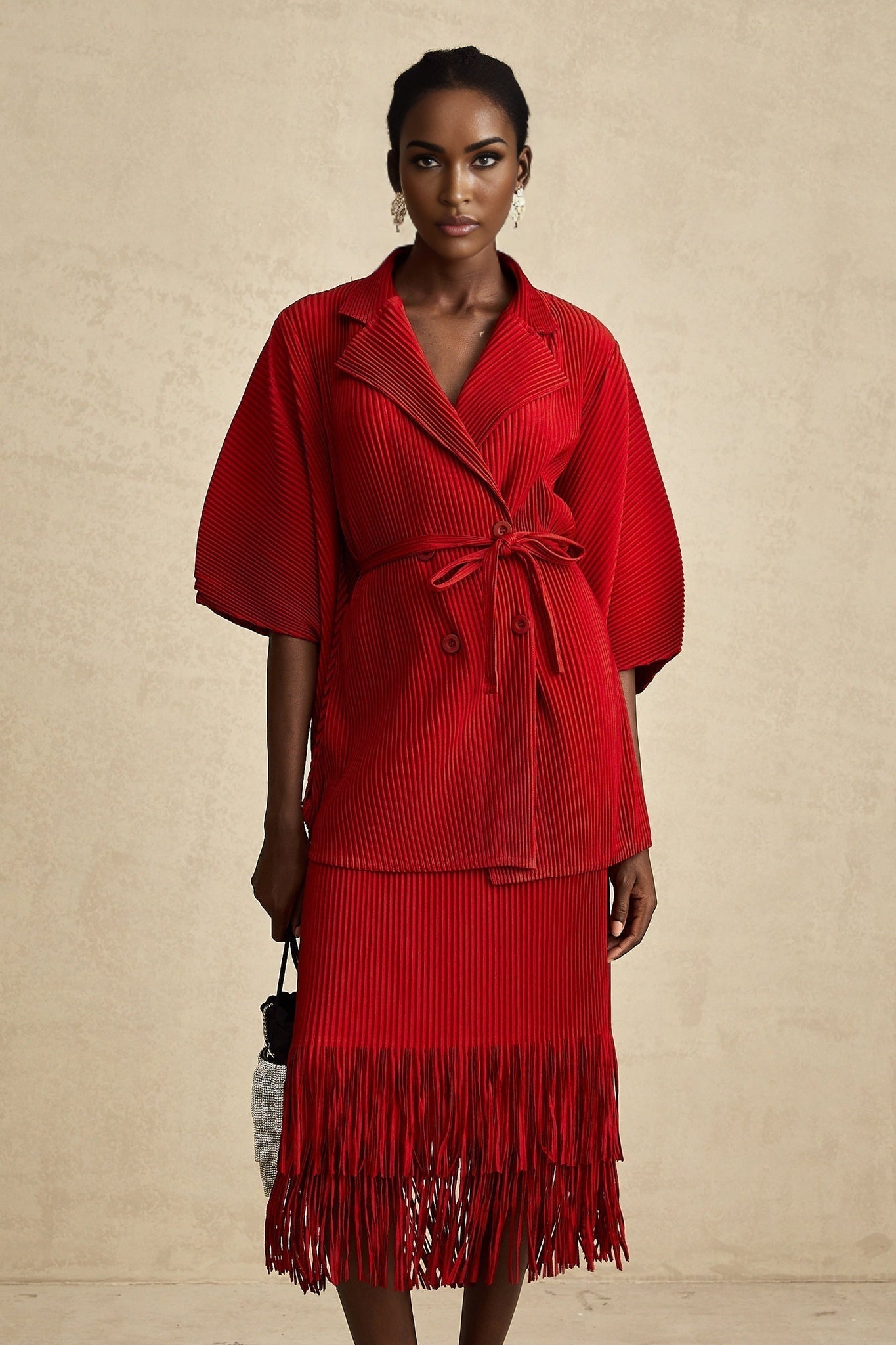 Cyrielle red pleated jacket skirt matching set
