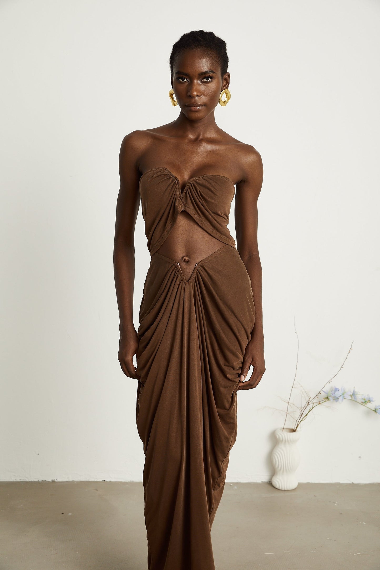 Félicité brown ruched top skirt matching set