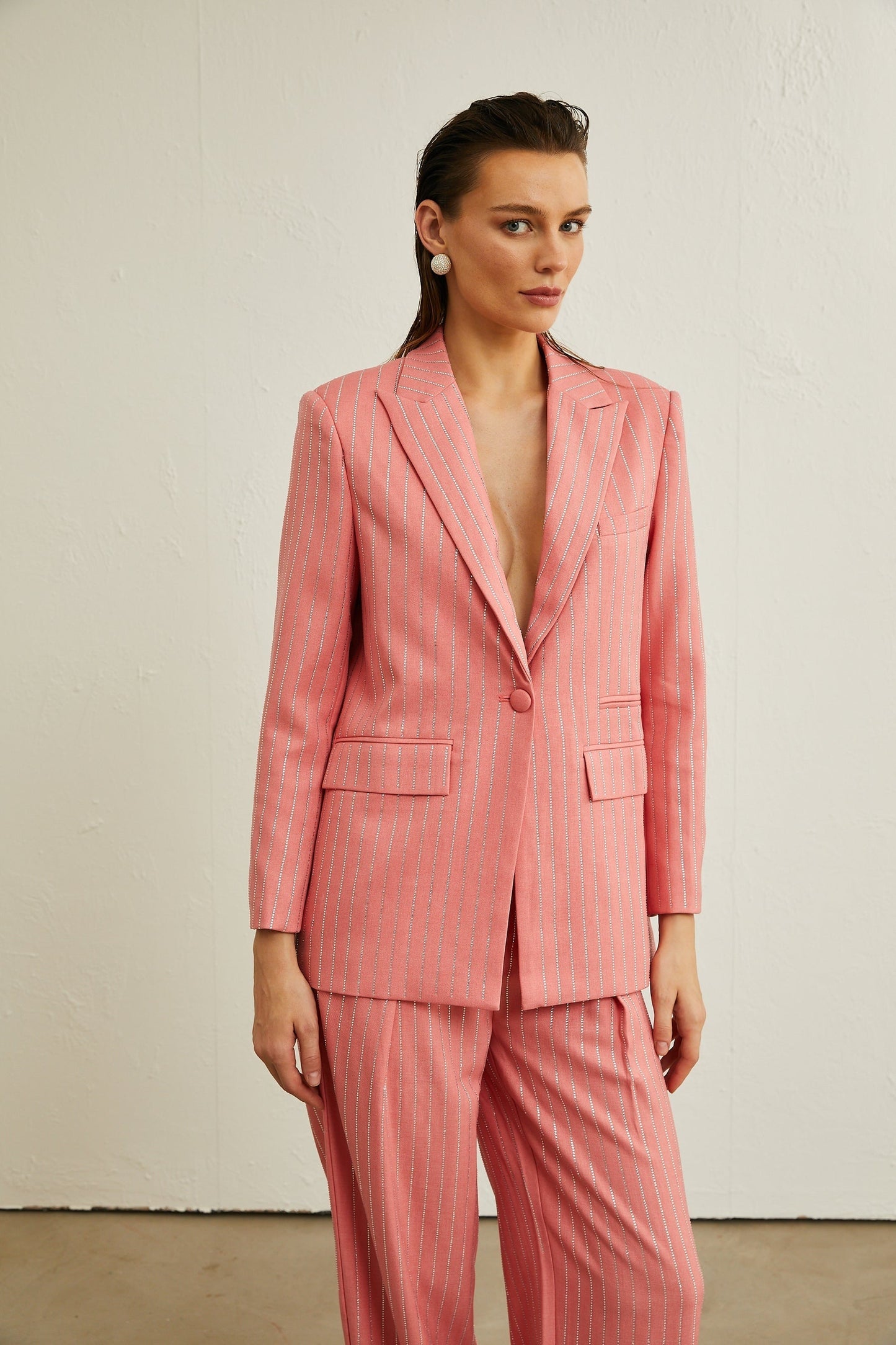 Sarah pink striped embellished jacket trousers matching set