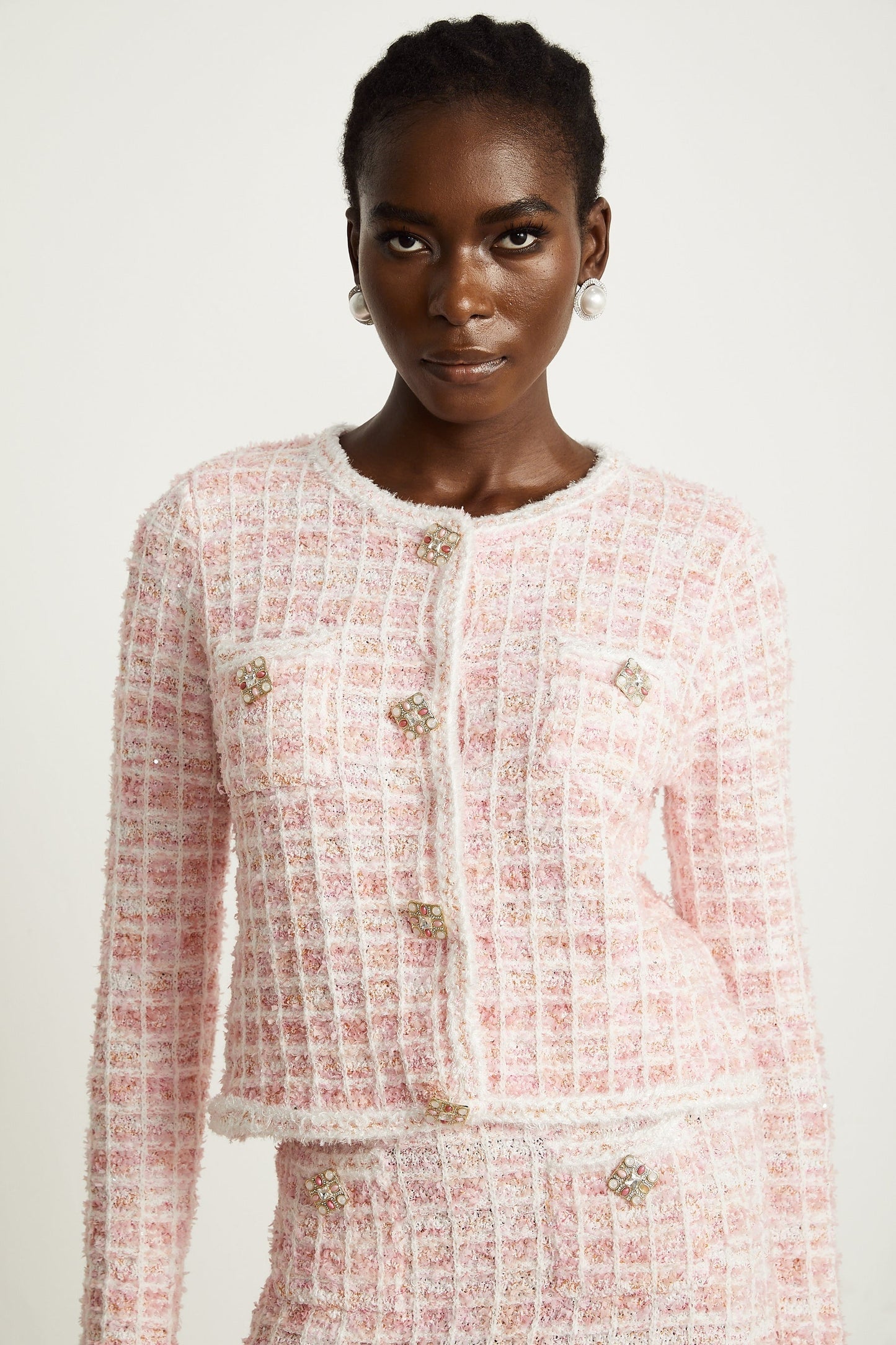 Capucine pink checkpattern cardigan skirt matching set