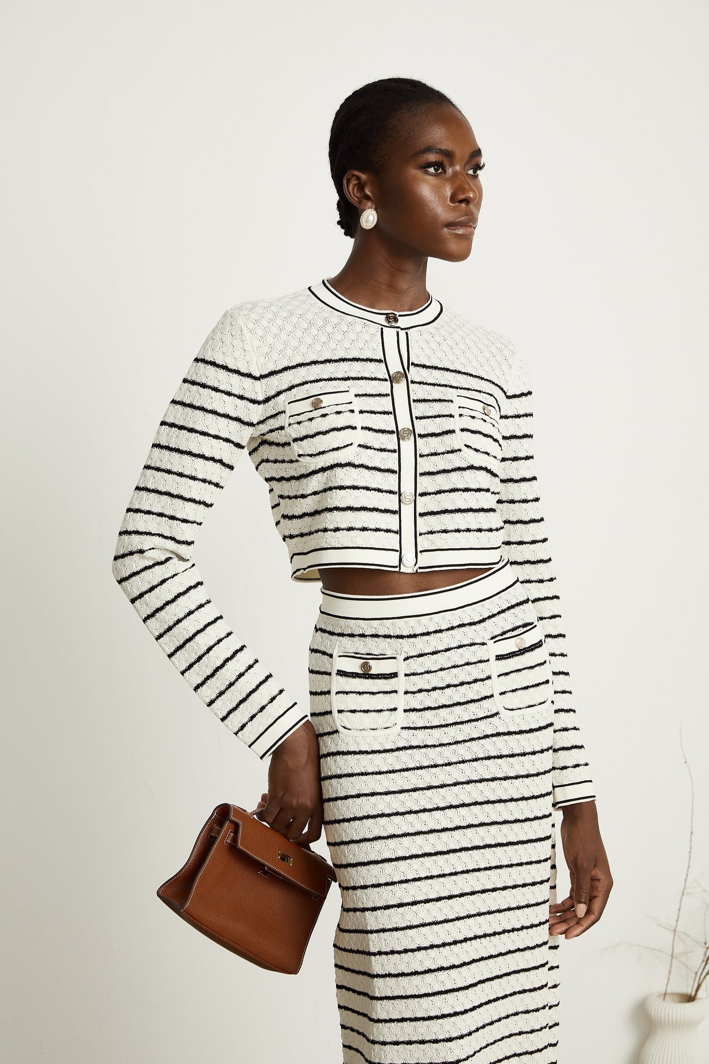 Colette pointelleknit cardigan skirt matching set