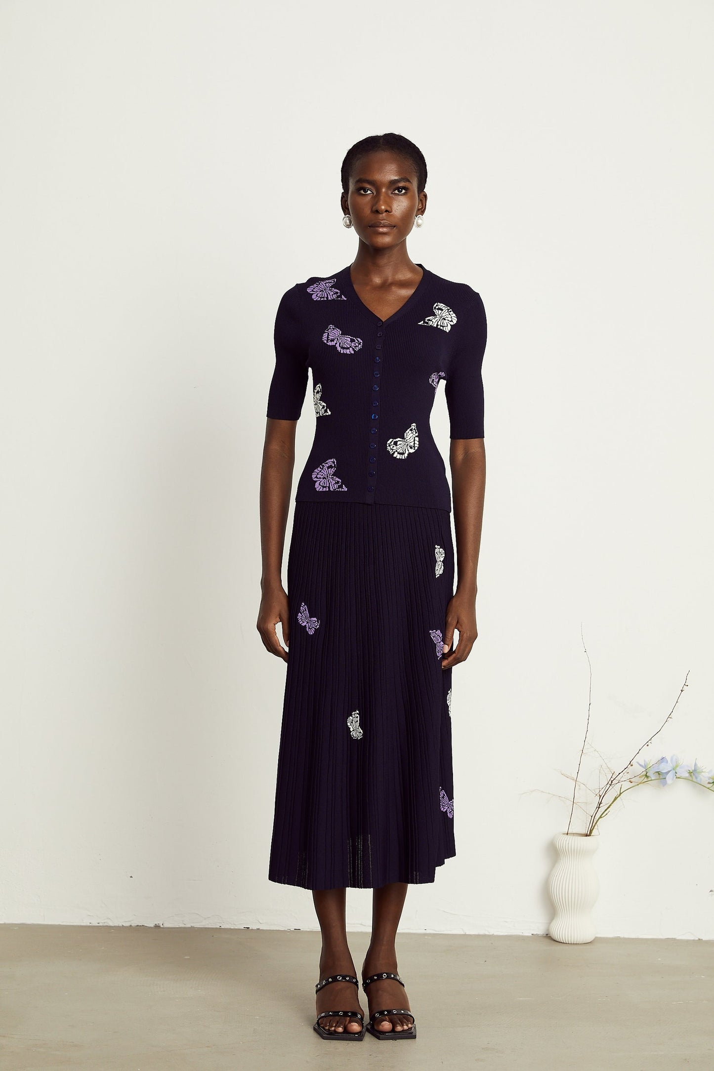 Delphine butterfly ribbedknit top skirt matching set
