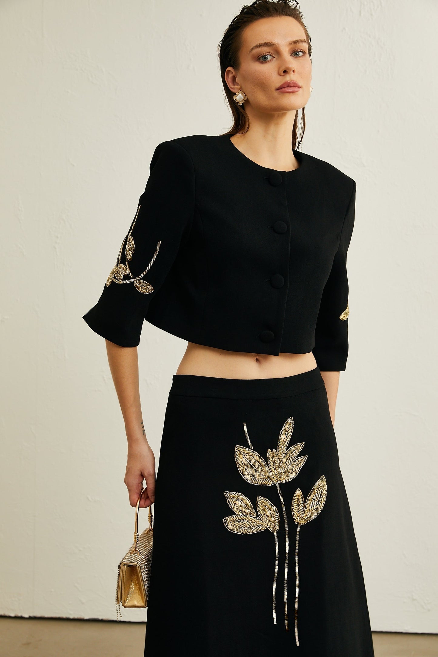 Pauline black floralappliqué jacket skirt matching set