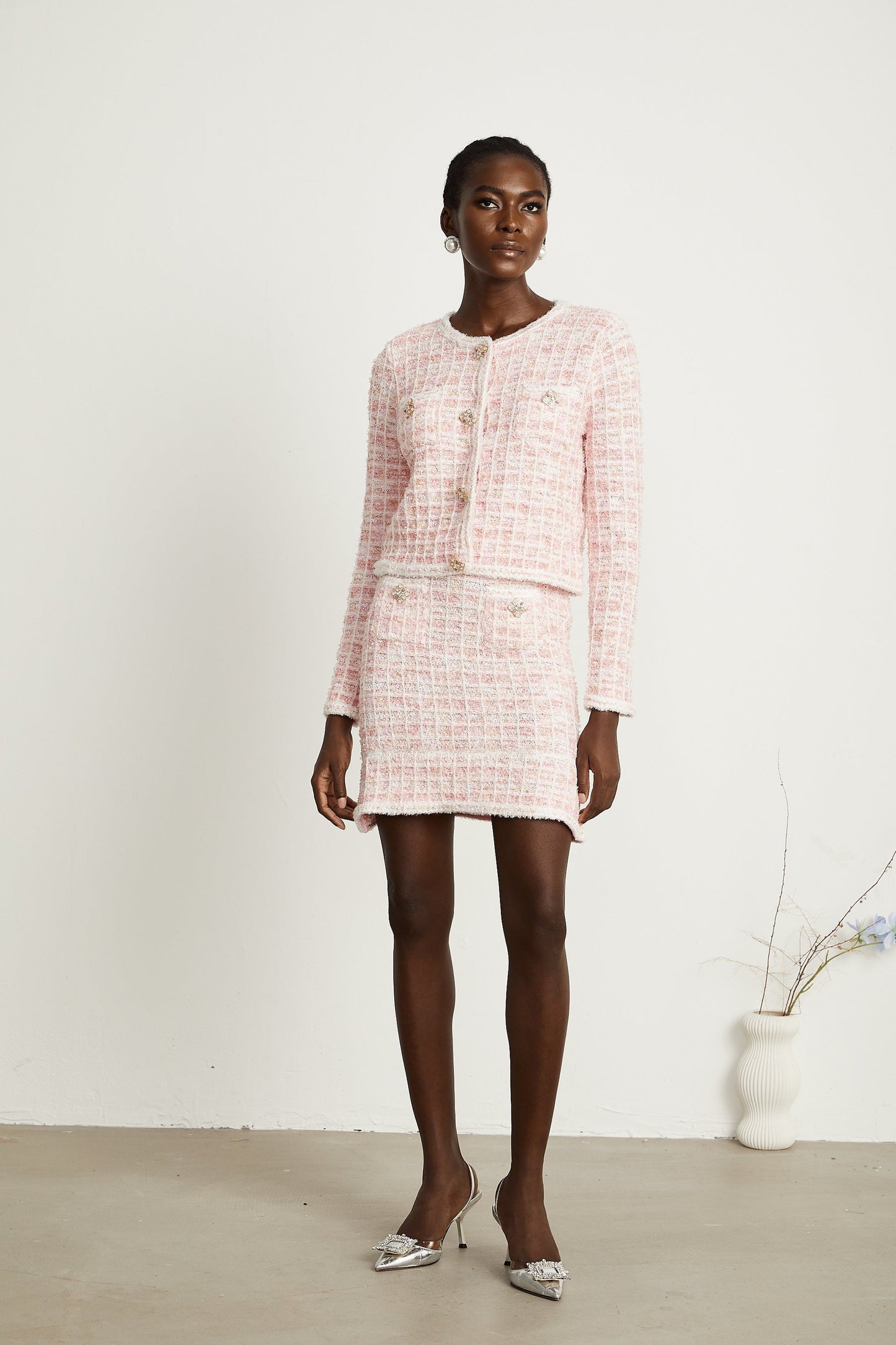 Capucine pink checkpattern cardigan skirt matching set