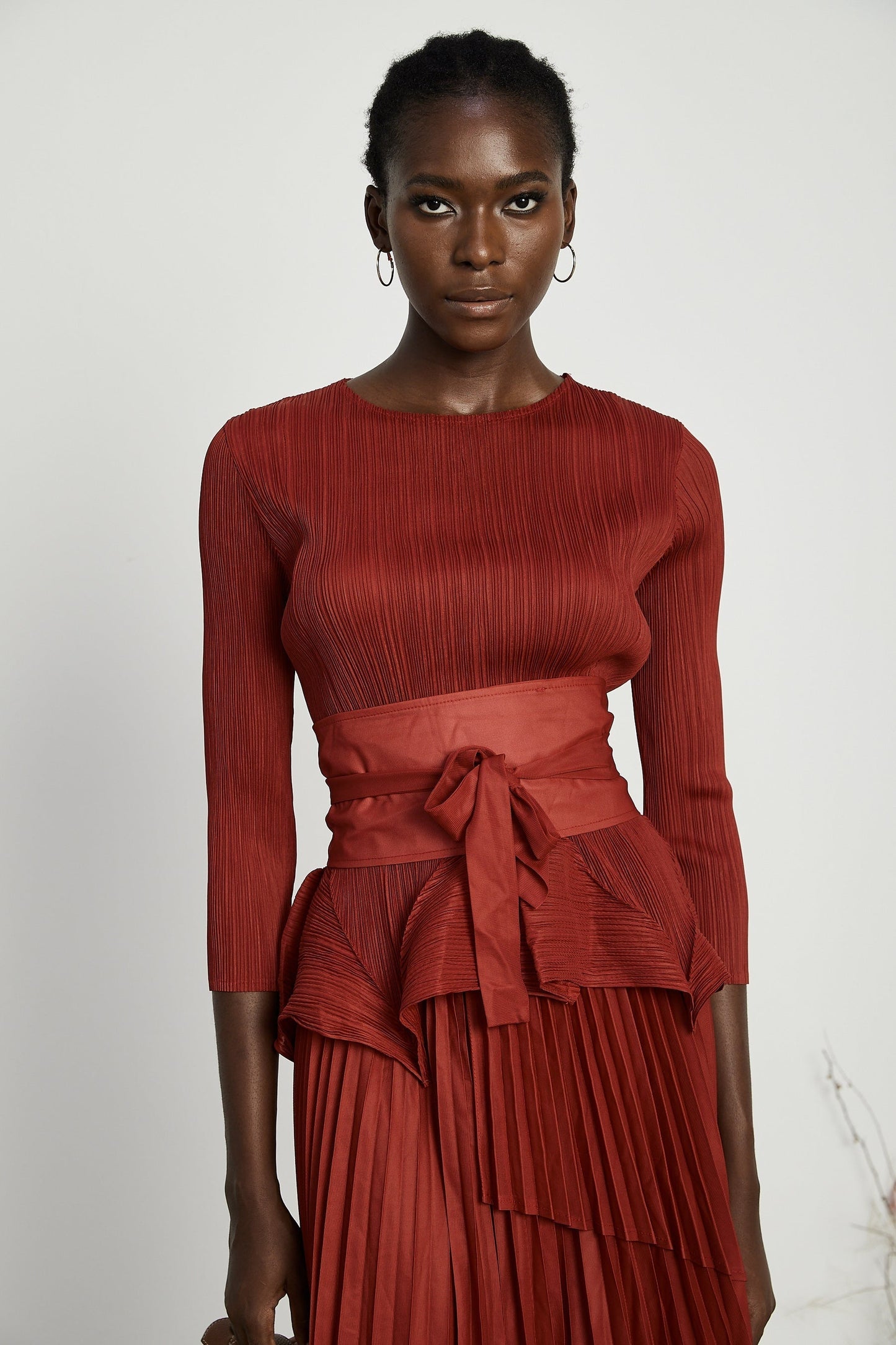 Margaux bowtie embellished pleated top skirt matching set