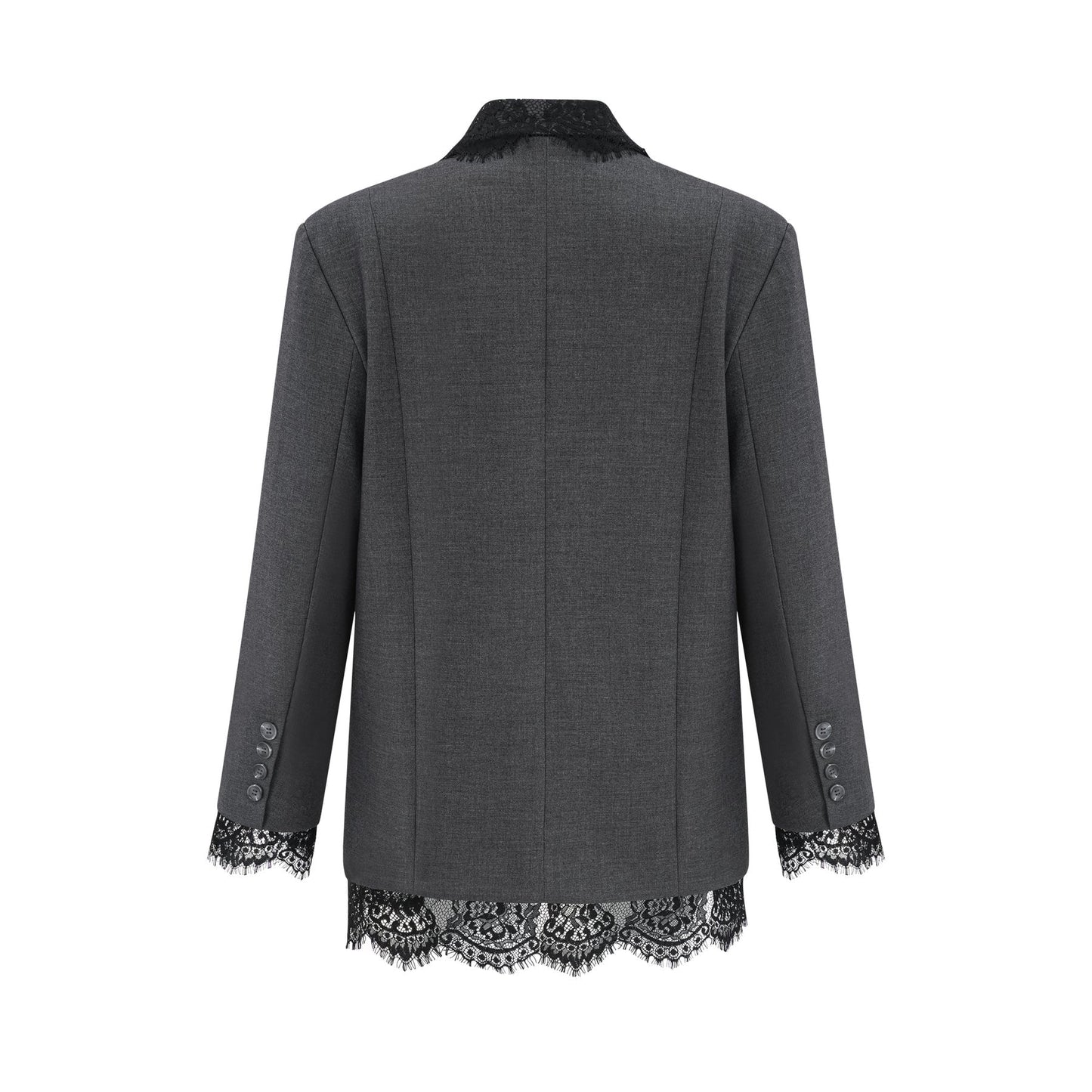 A grey blazer with lace panel detailing