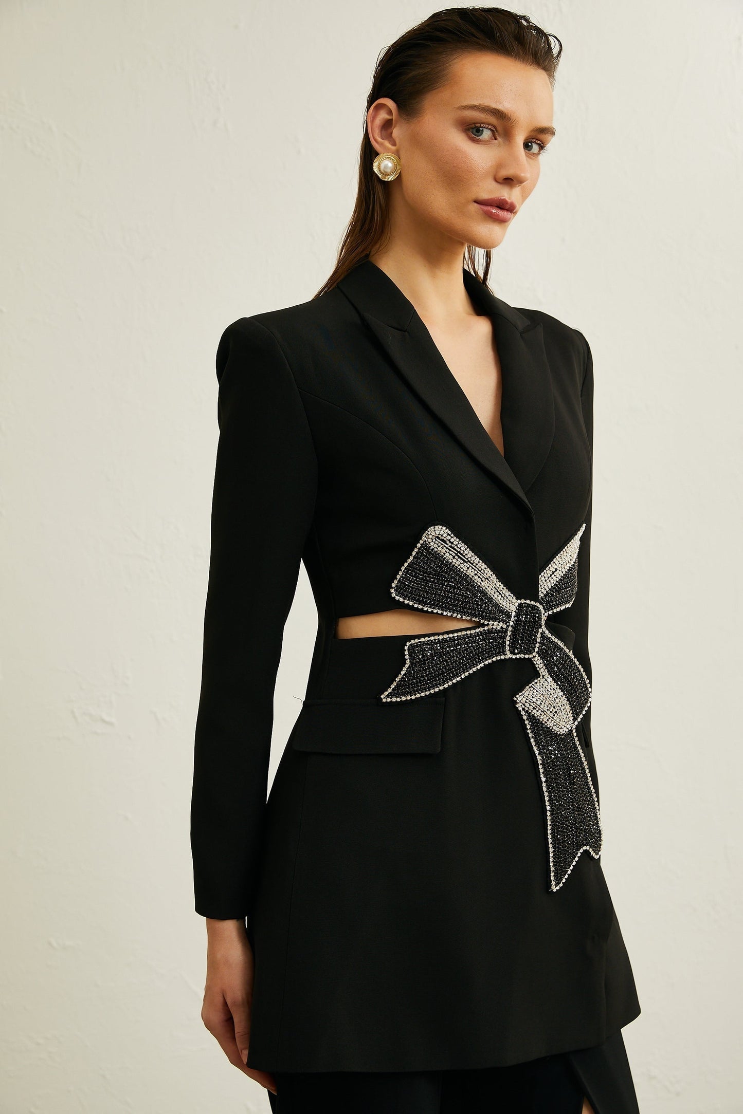 Justine black bowknot cutout blazer
