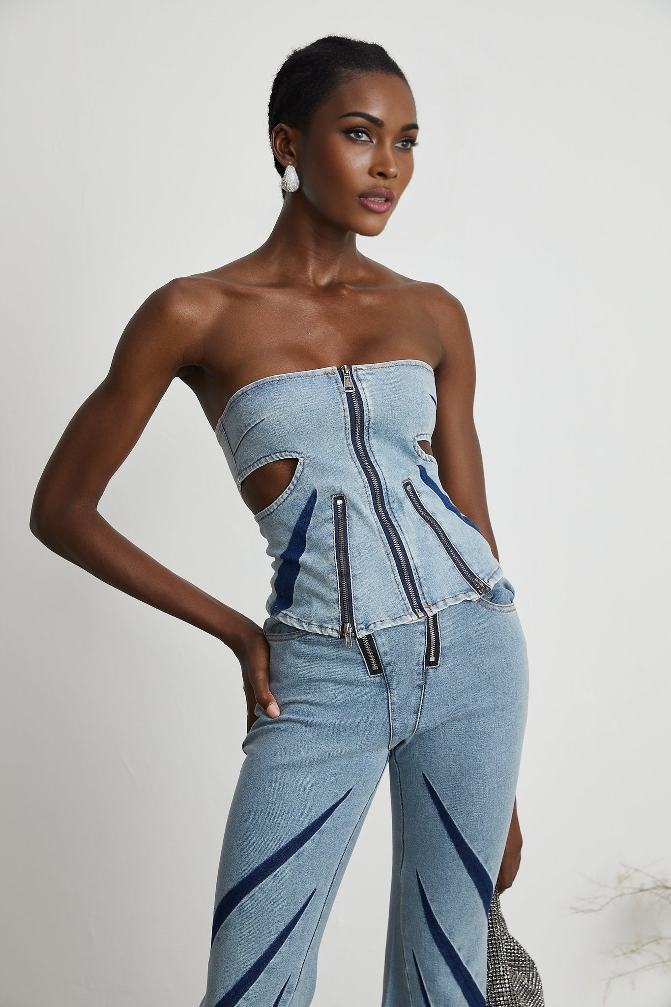 Inès colorblocked denim top jeans matching set