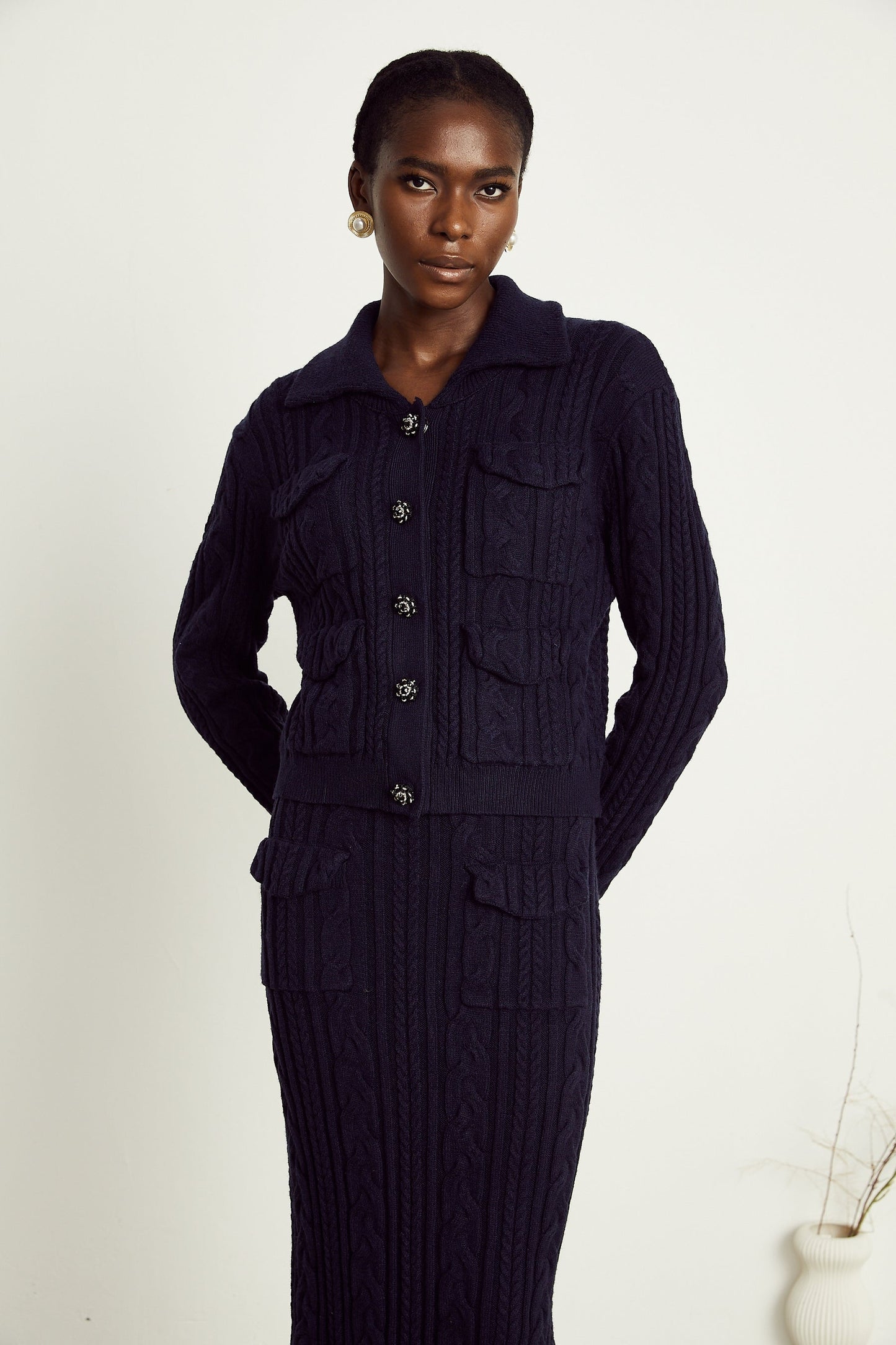 Capucine navyblue knit jacket skirt matching set