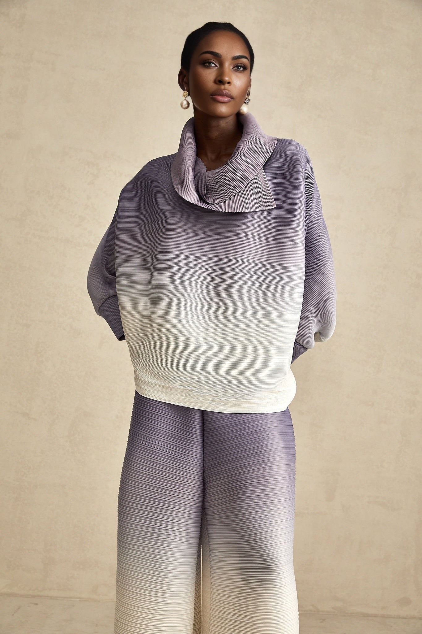 Agathe purple gradient wrinkled blouse trousers matching set