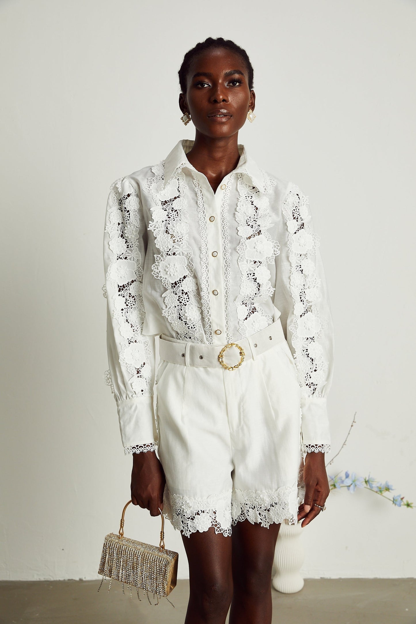 Rosalie lacetrim embroidered shirt shorts matching set