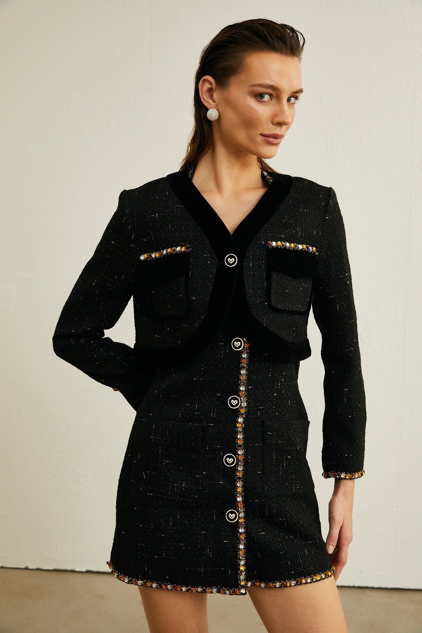 Cécile black tweed cardigan dress matching set