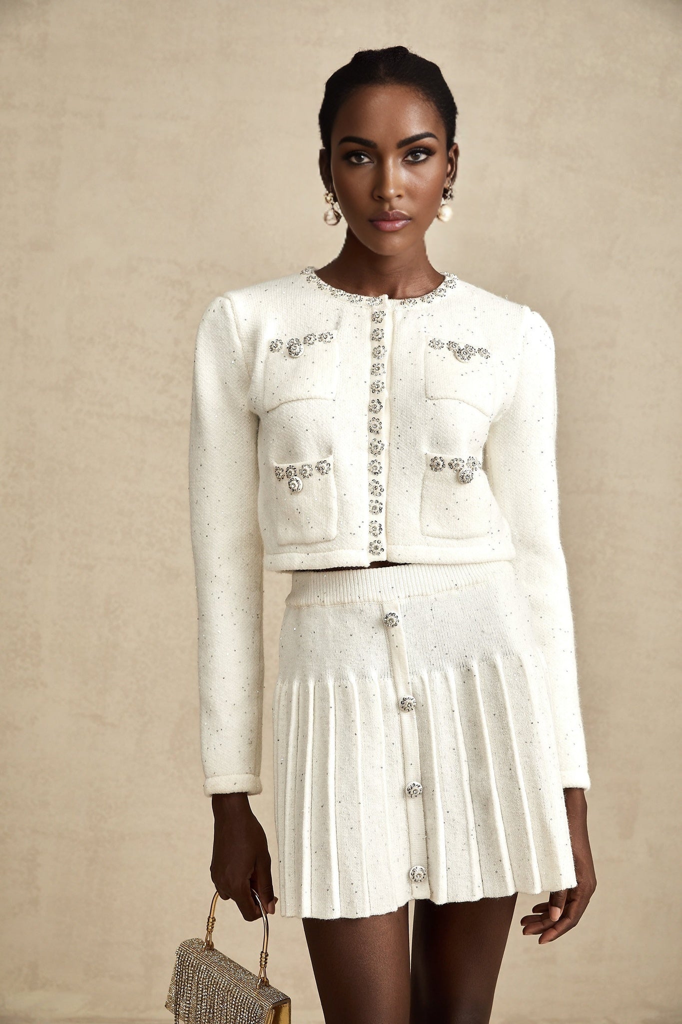 Fabienne white embellished jacket skirt matching set