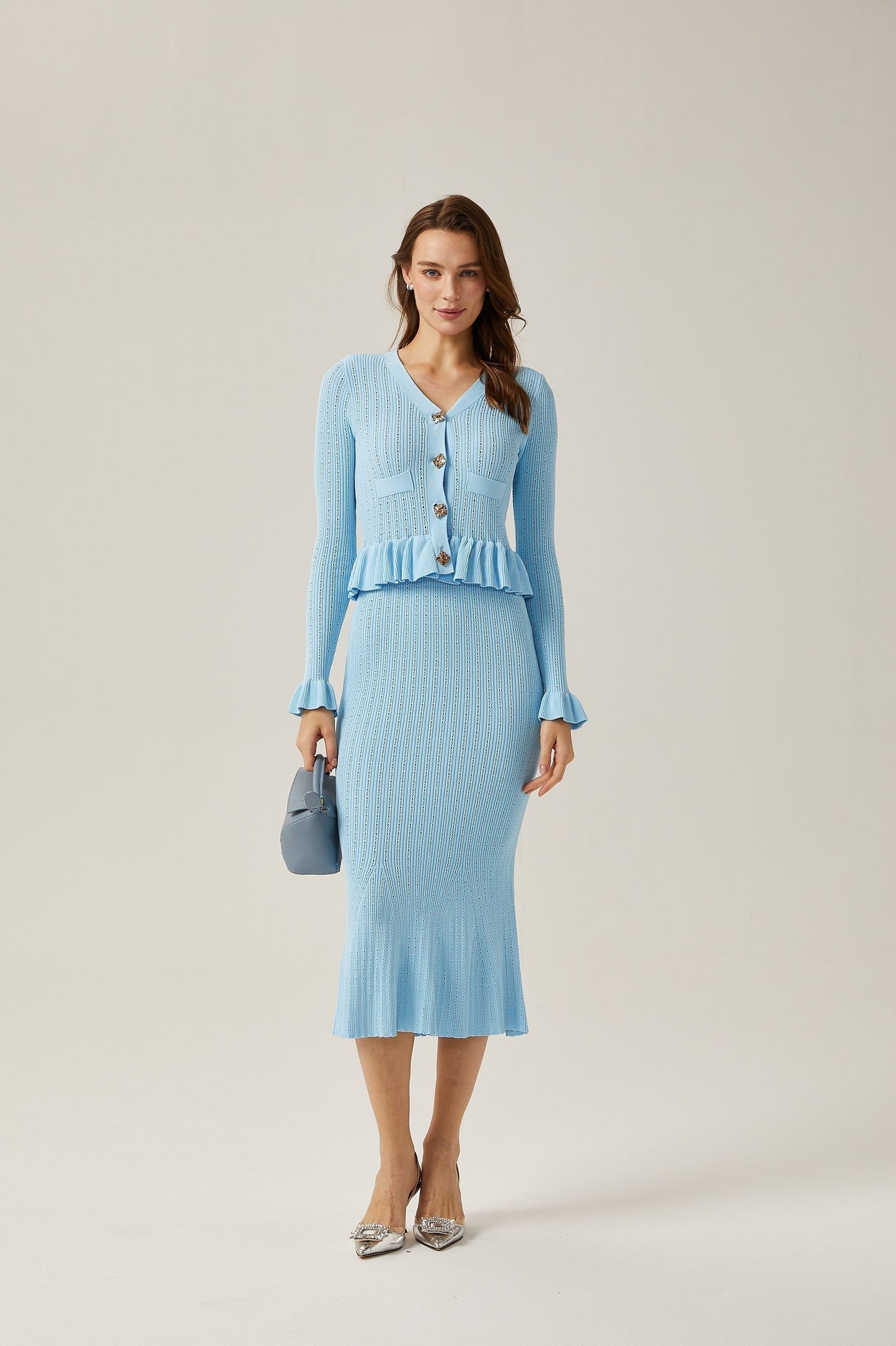 Gabrielle blue flared knitted top skirt matching set