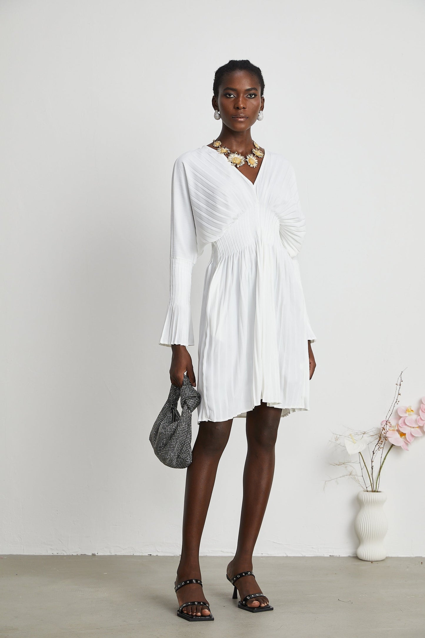 Claudette Vneck pleated mini dress