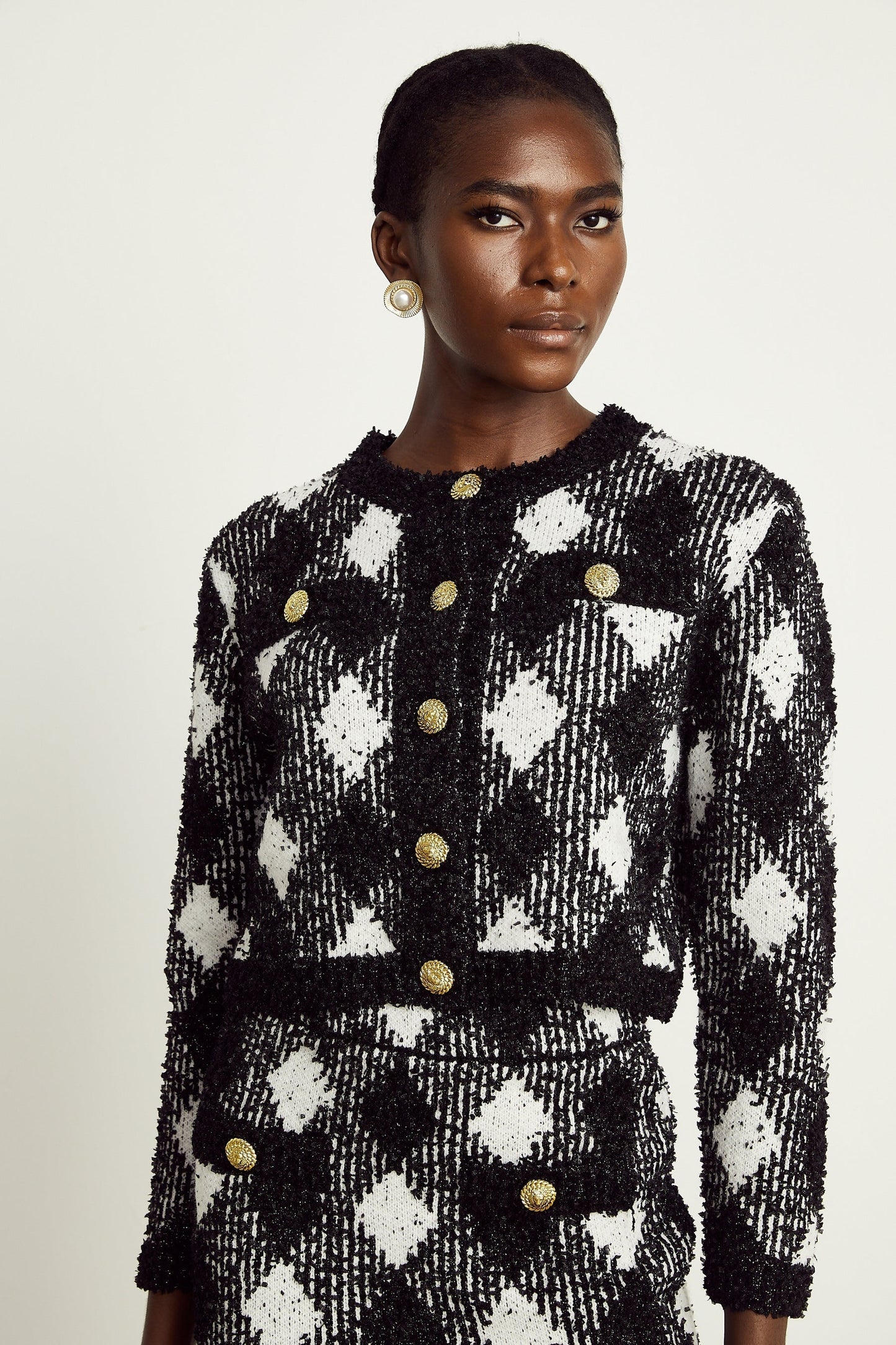 Cécile black argylecheck knit jacket skirt matching set
