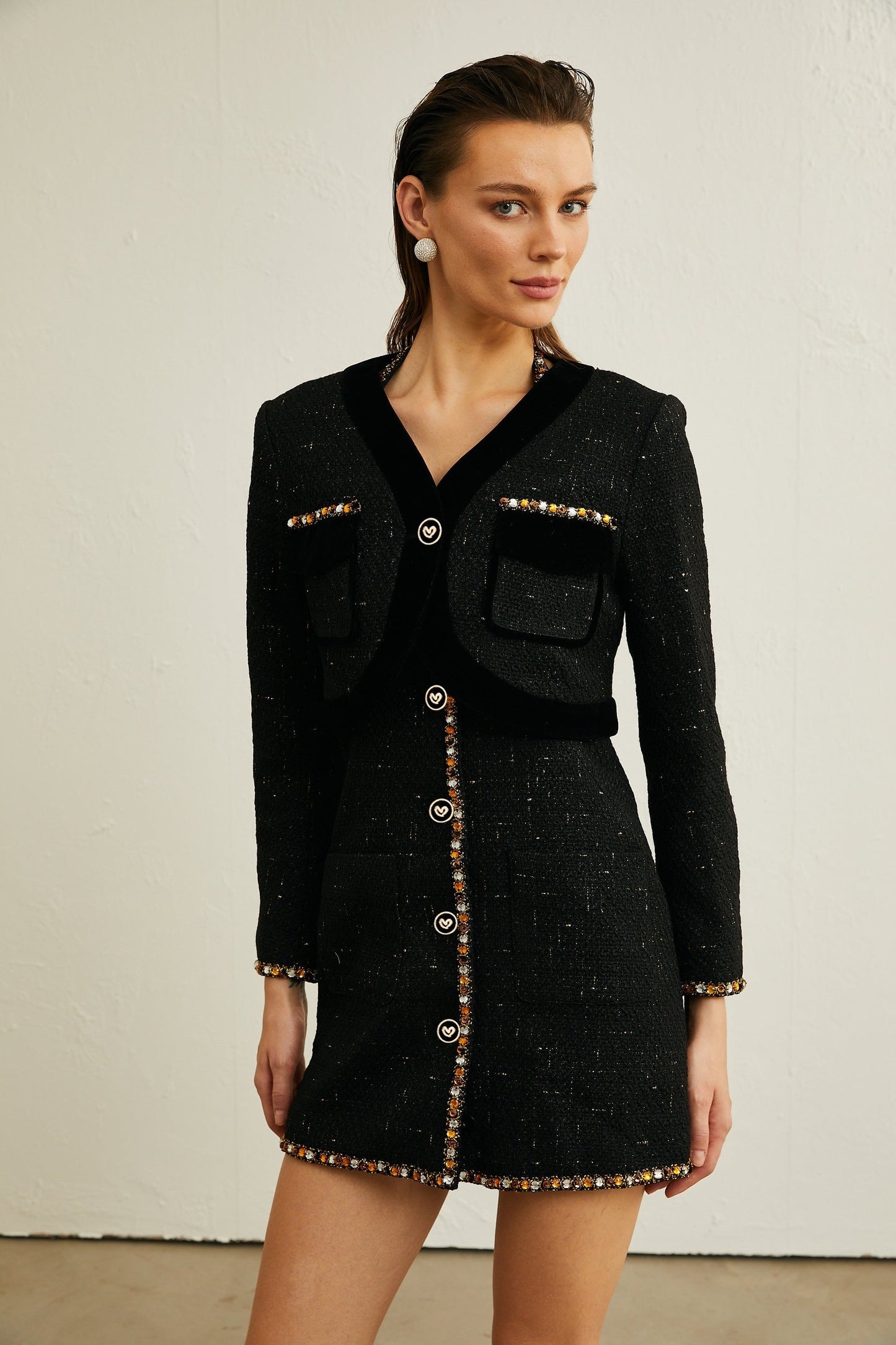 Cécile black tweed cardigan dress matching set