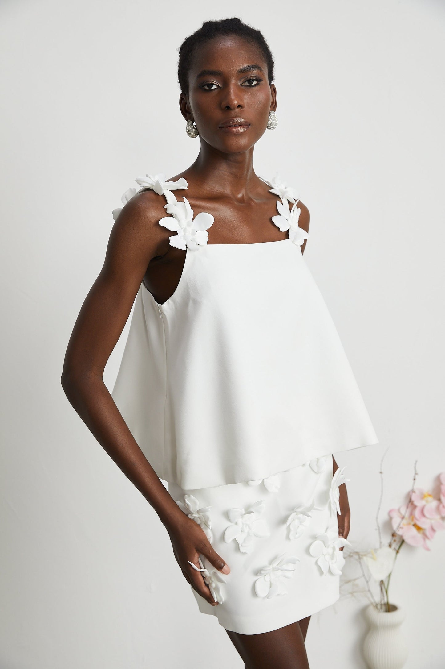 Odette white fauxfloral top skirt matching set