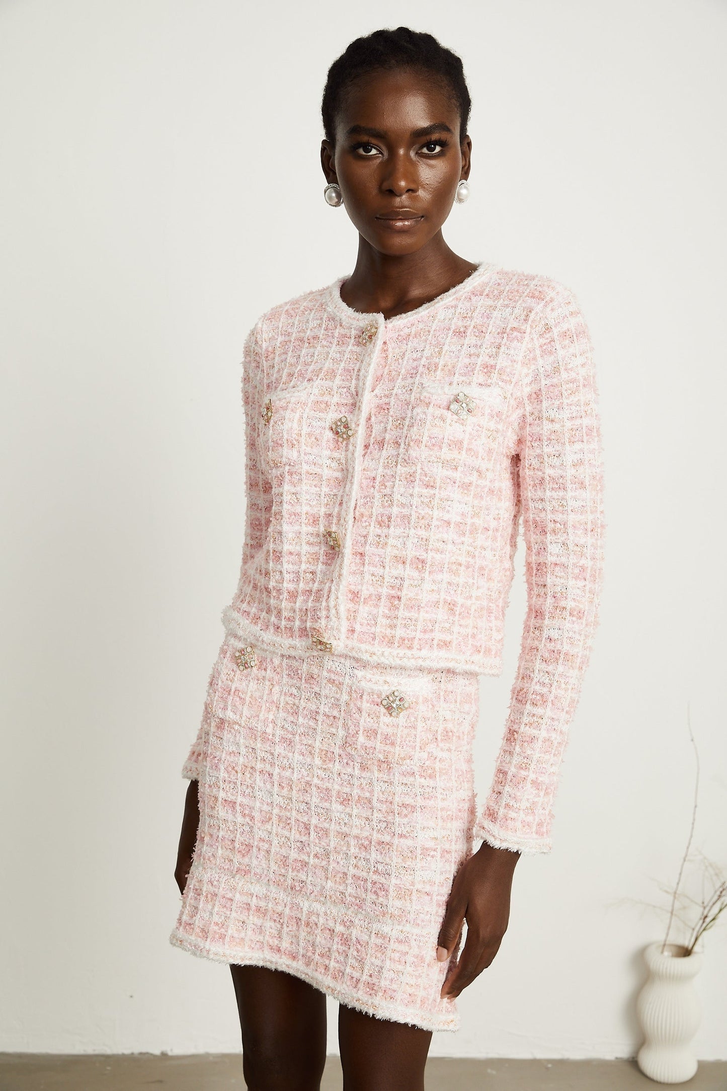 Capucine pink checkpattern cardigan skirt matching set