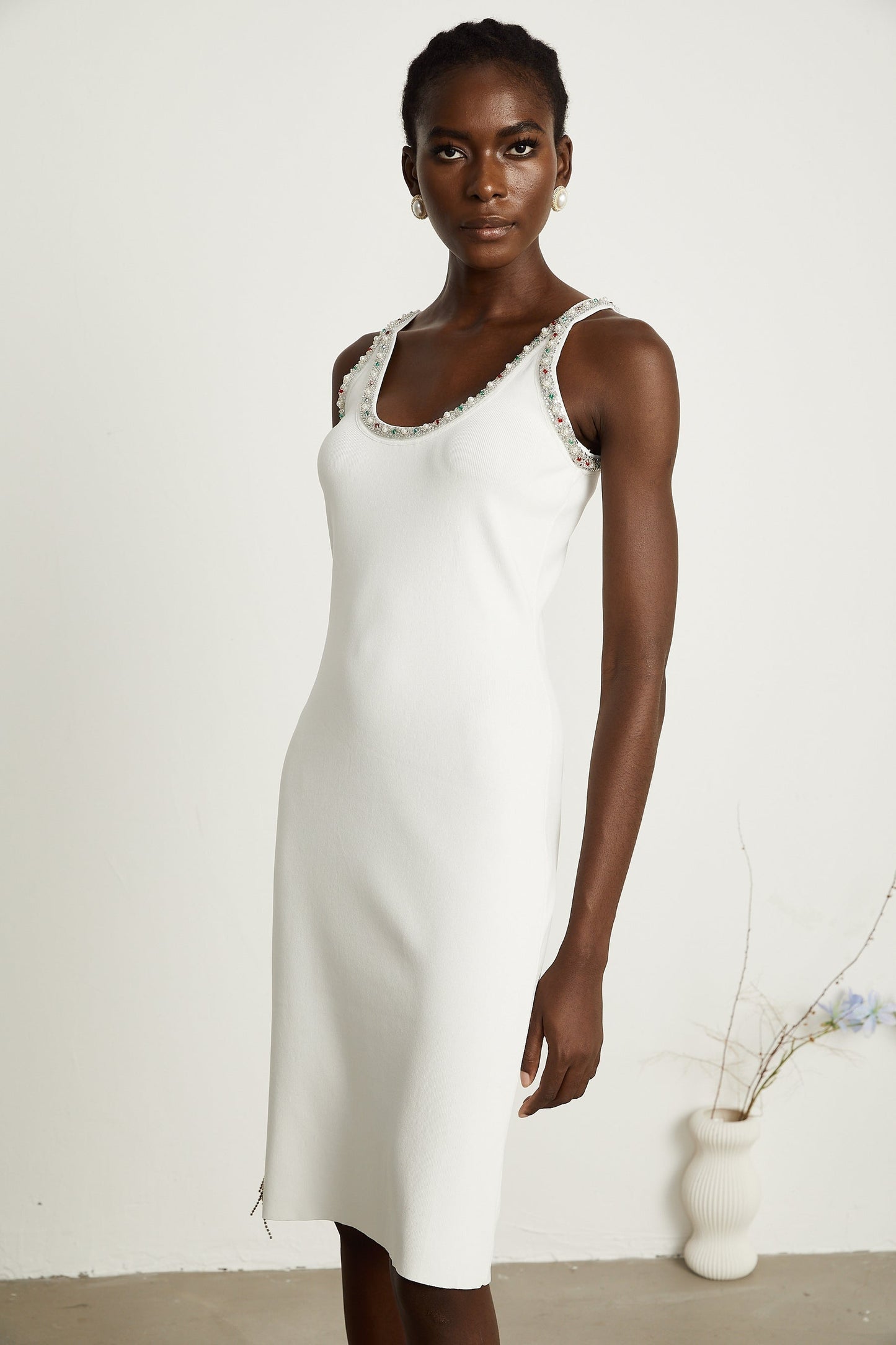 Blanche white beadembellished cardigan dress matching set
