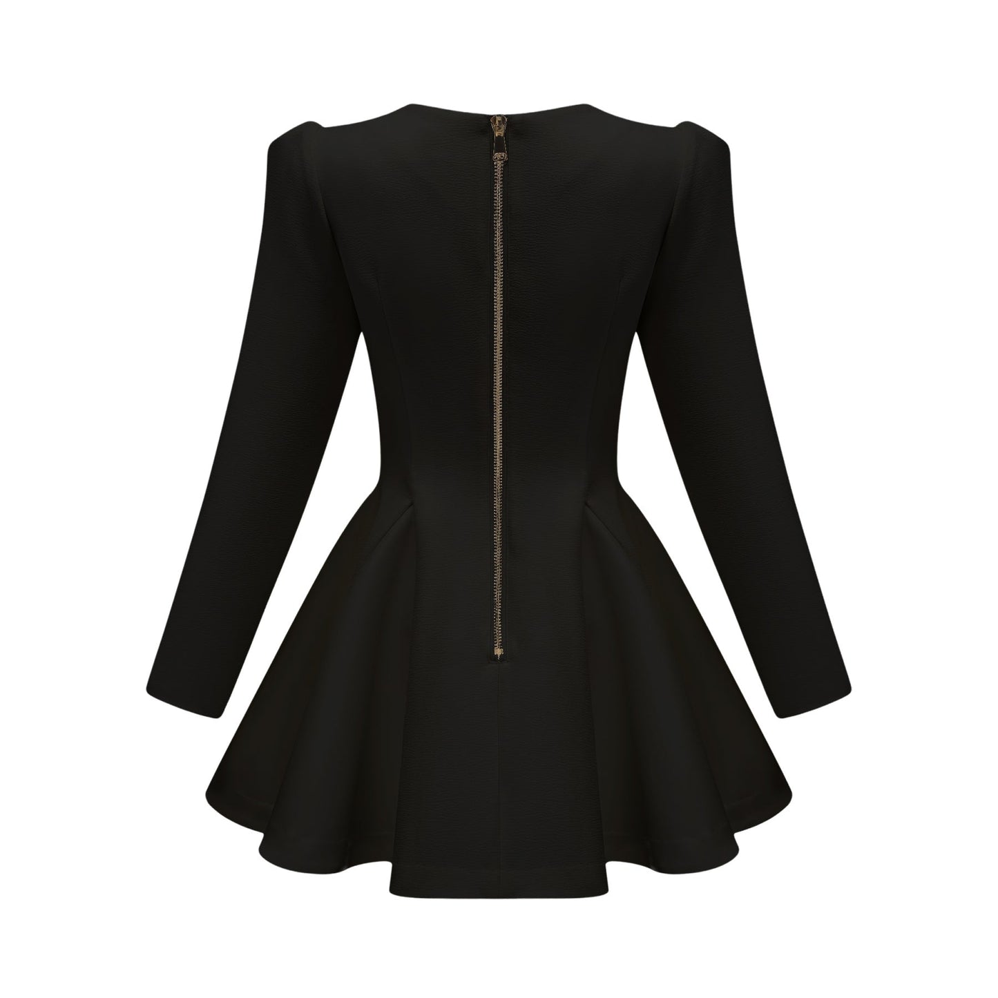 Woman wearing black blazer dress with pleated peplum hem