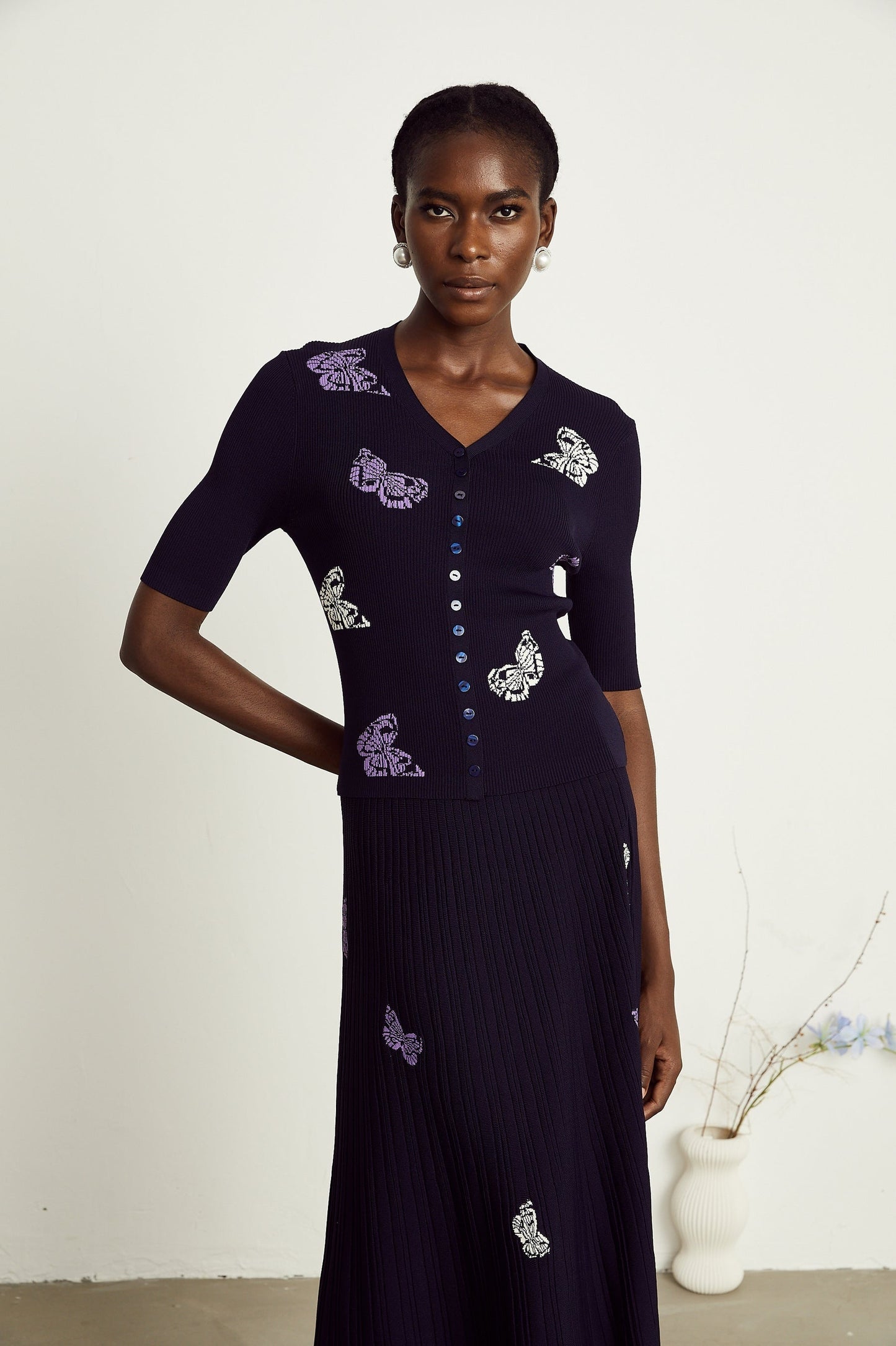 Delphine butterfly ribbedknit top skirt matching set
