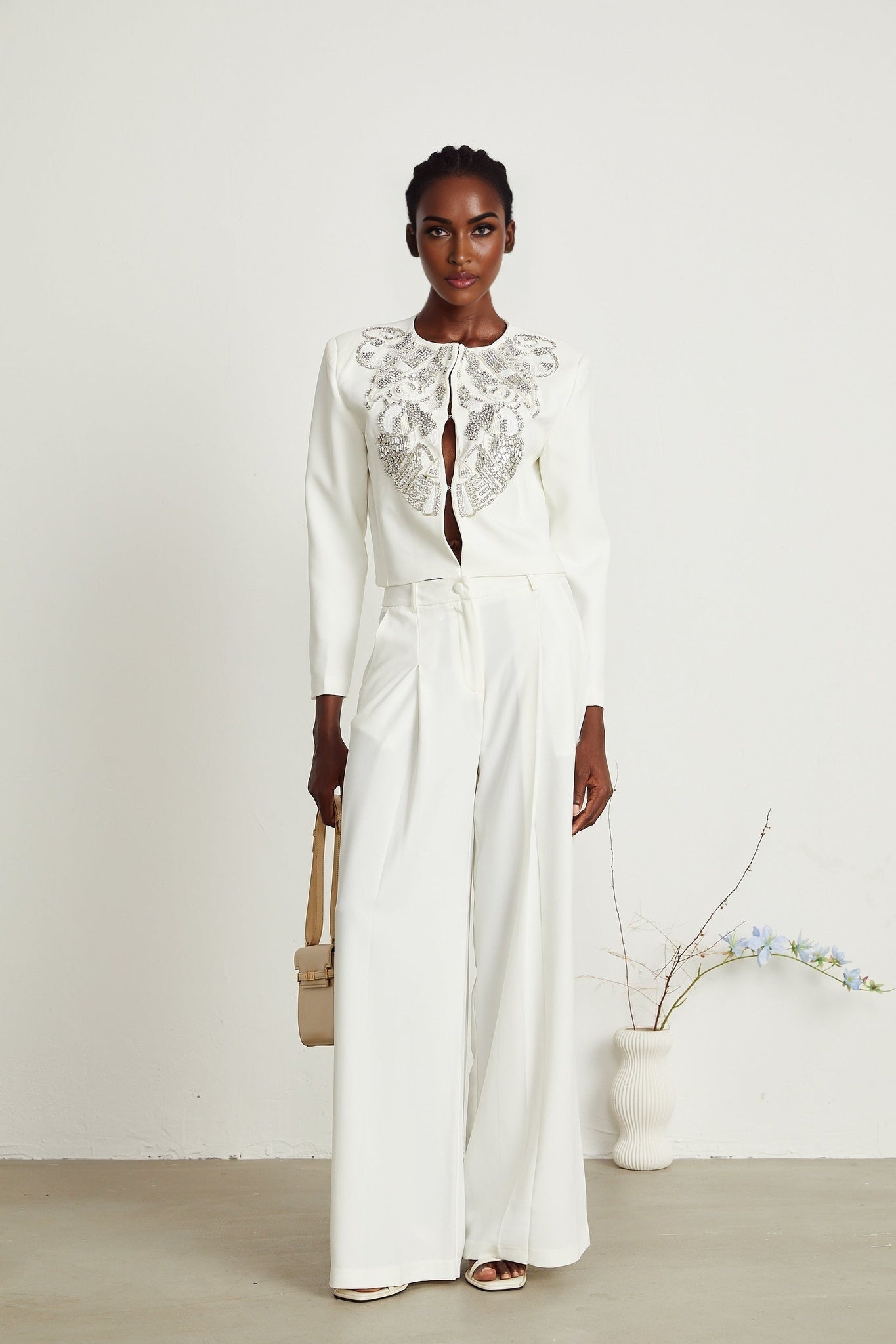 Agnès white embellished jacket trousers matching set