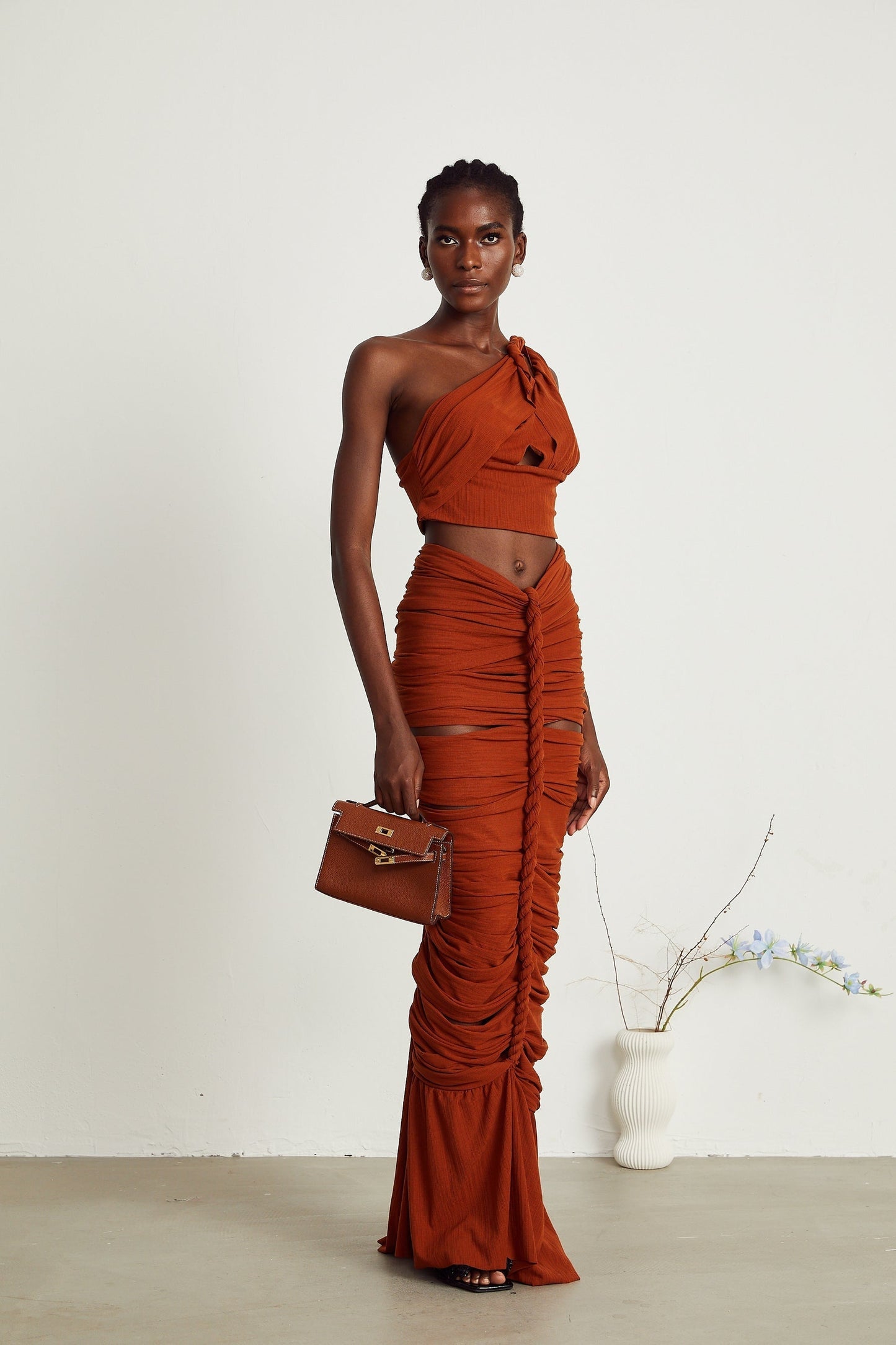 Célestine brown twisted cutout top skirt matching set