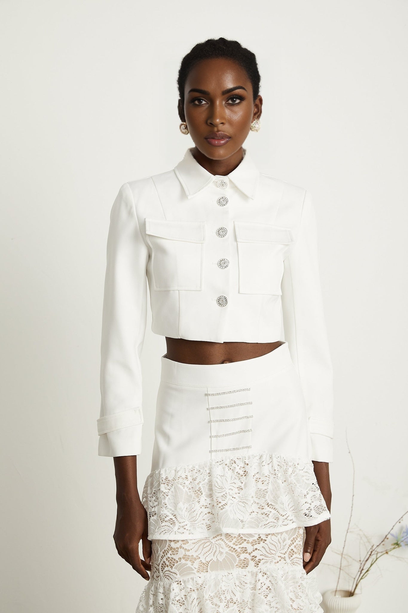 Zélie white lacepanel jacket skirt matching set