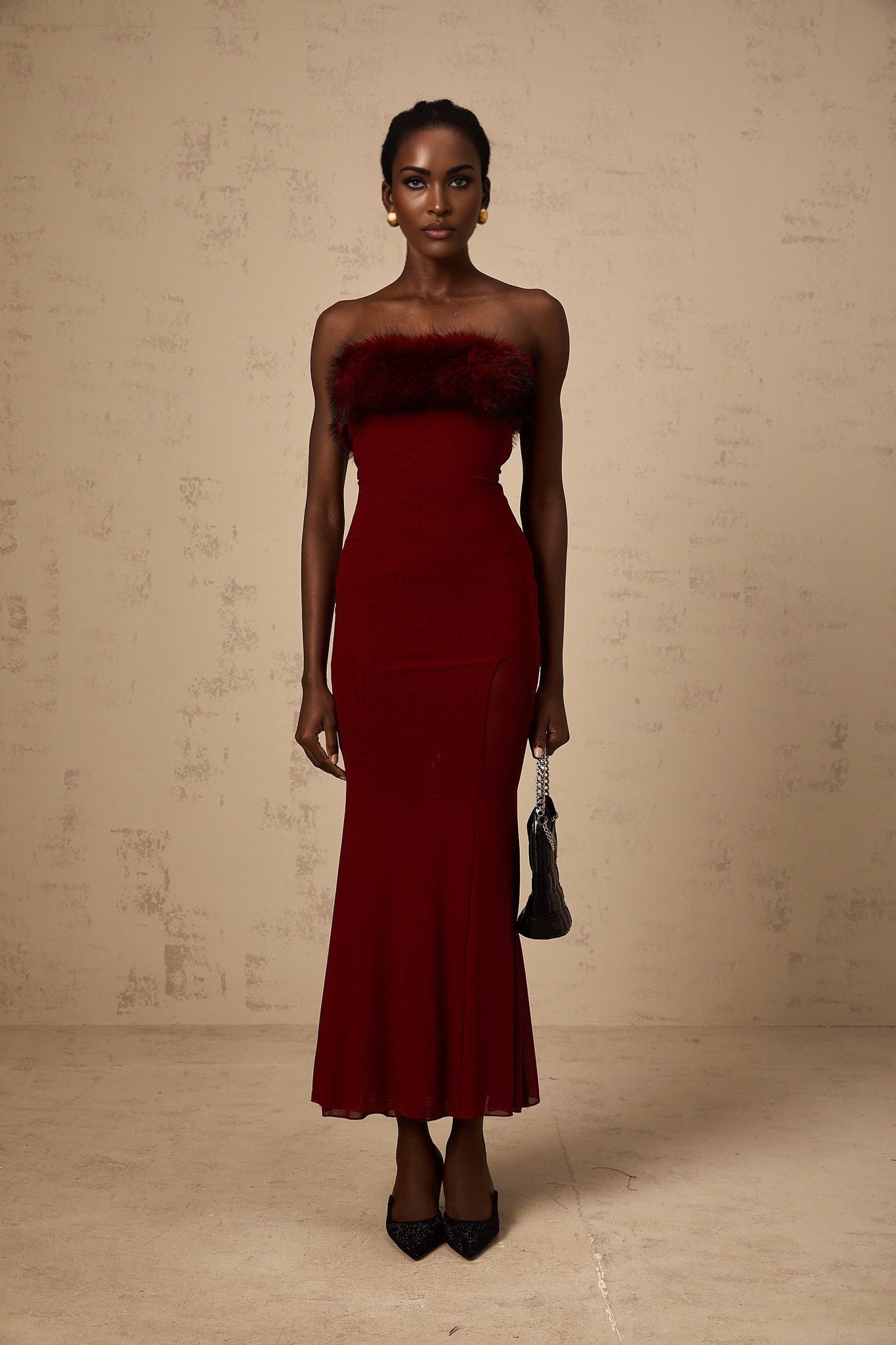 A red faux fur off shoulder midi dress with mesh details named Pauline