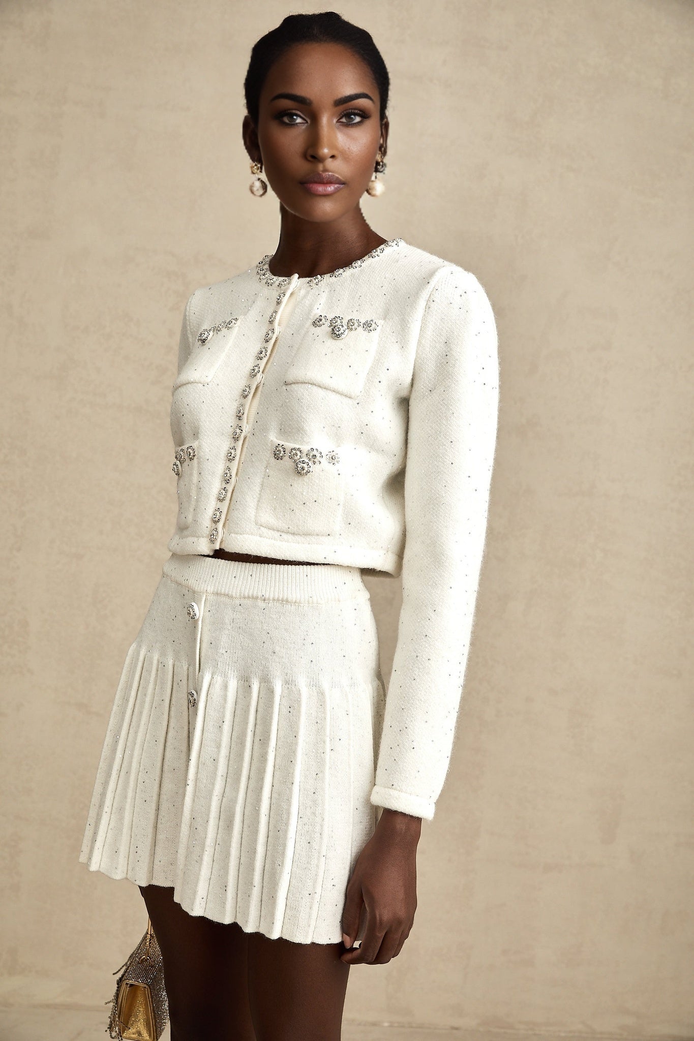 Fabienne white embellished jacket skirt matching set