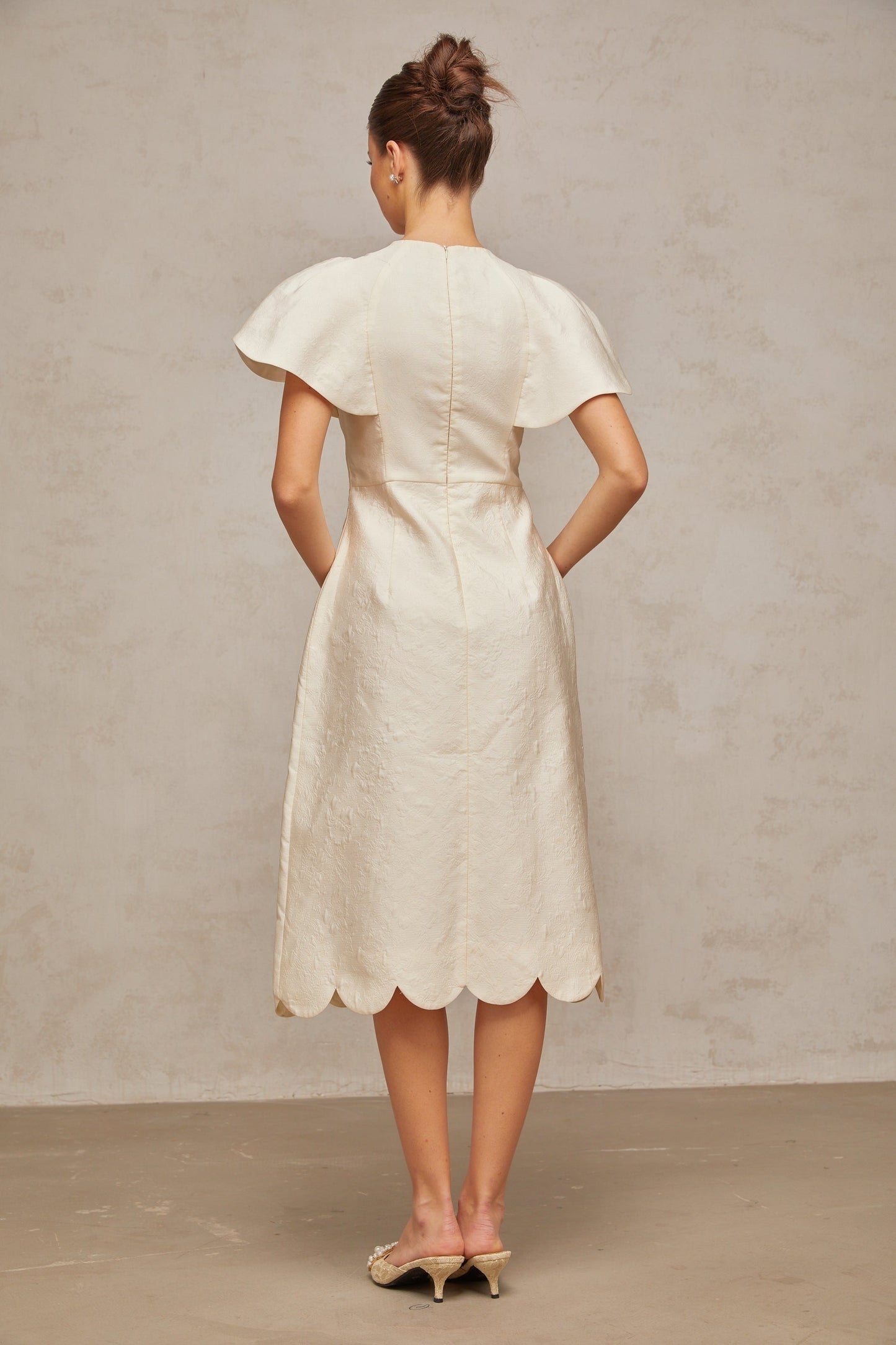 White floral midi dress with jacquard pattern named Segolene